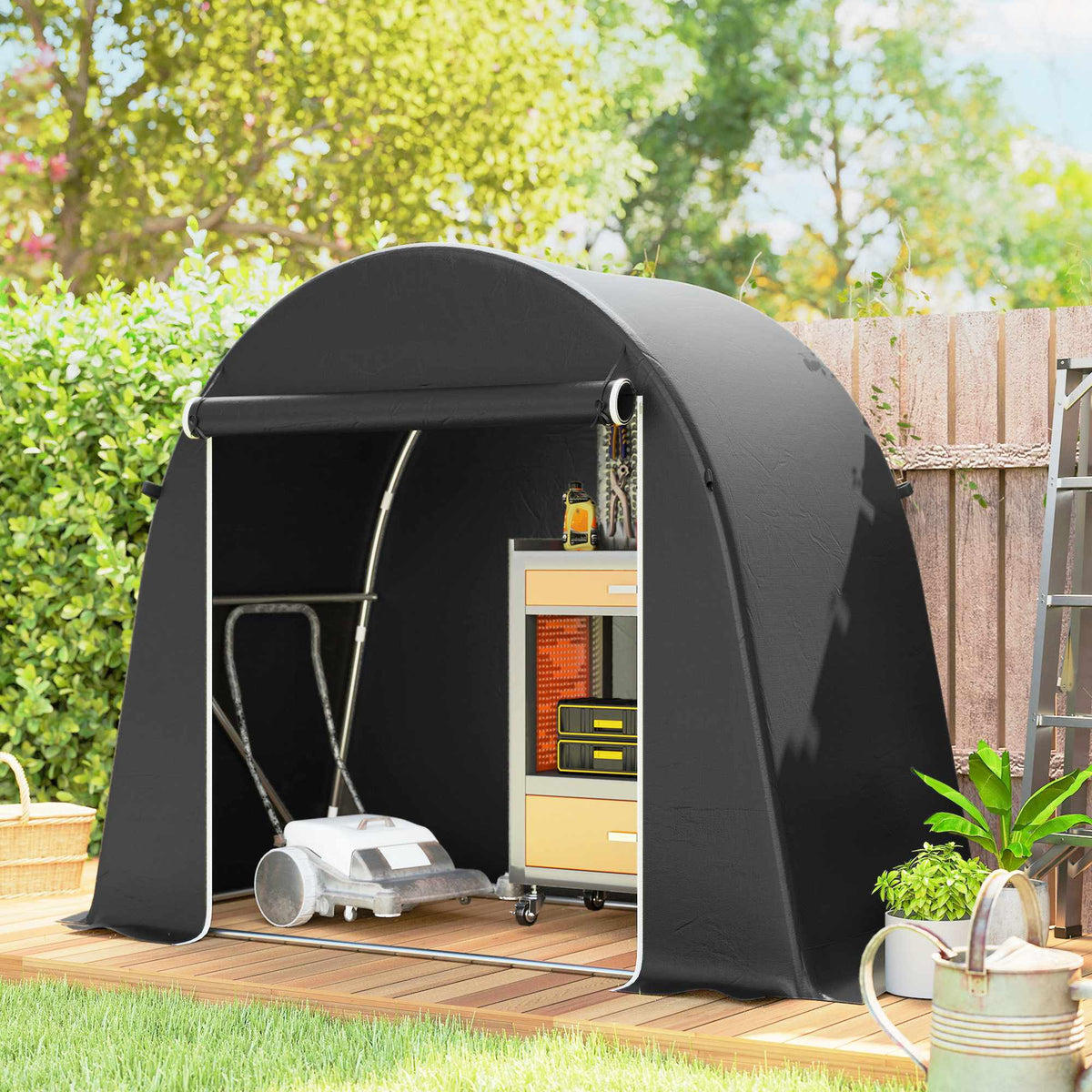 Portable Garden Shed with Zipper Door, Metal Frame, Dark Gray
