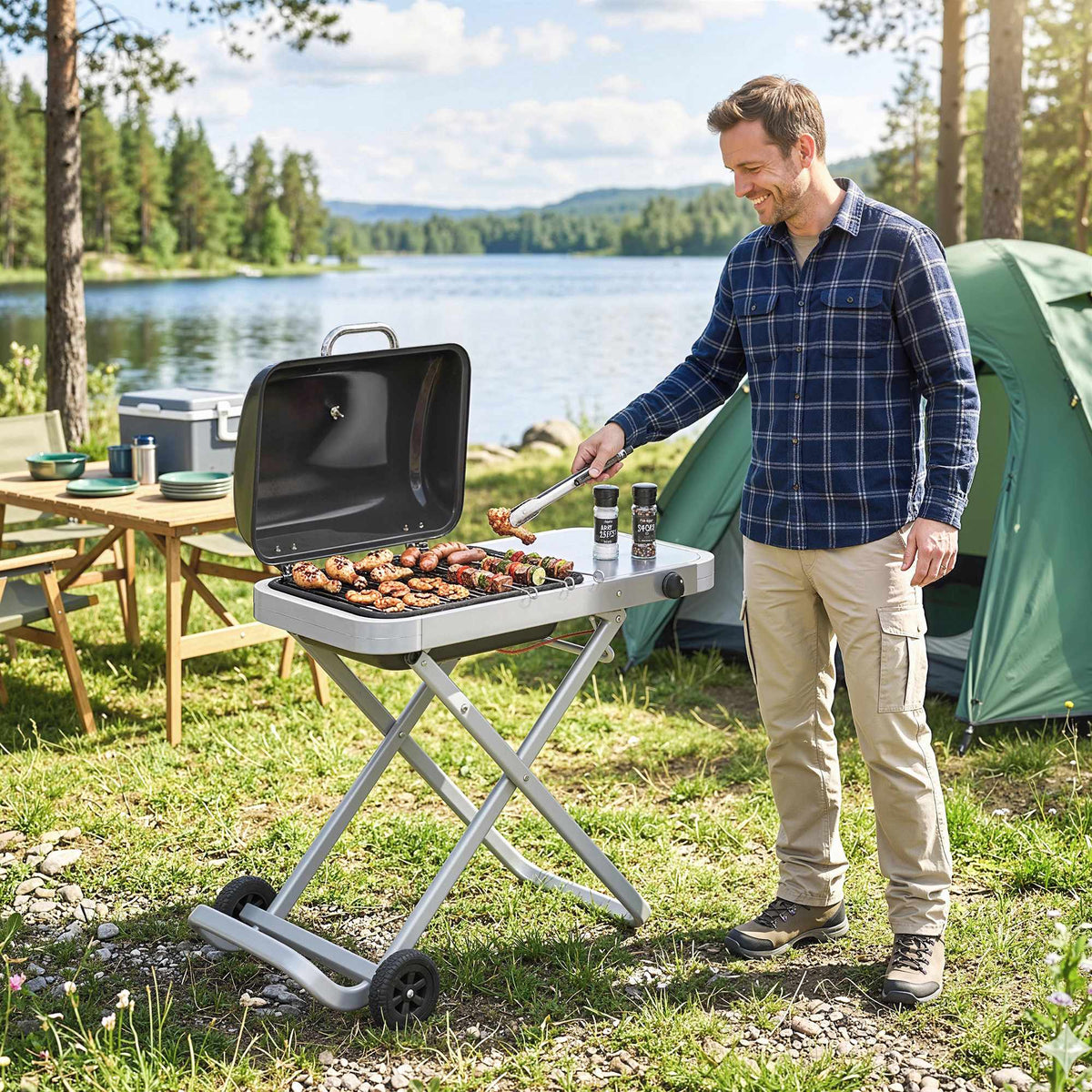 Portable Gas Grill with 1 Burner, Foldable Cart, Thermometer
