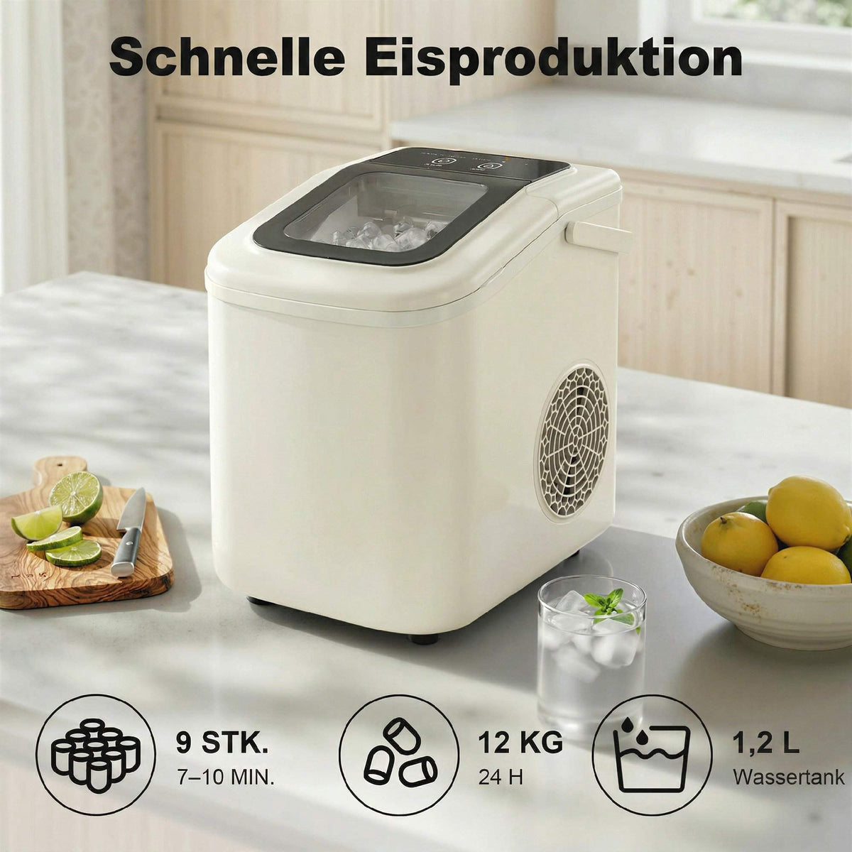 Portable Ice Maker with Self-Cleaning, 12kg/24h, Beige