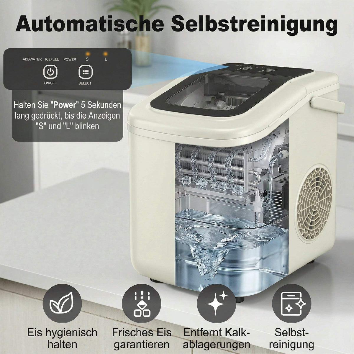 Portable Ice Maker with Self-Cleaning, 12kg/24h, Beige