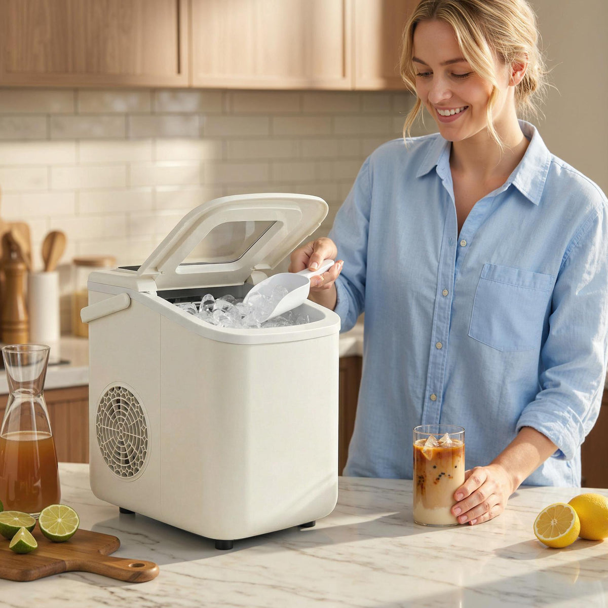 Portable Ice Maker with Self-Cleaning, 12kg/24h, Beige