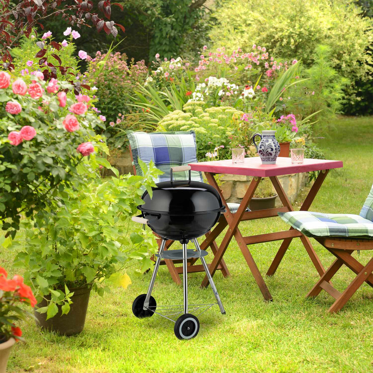 Portable Kettle BBQ Grill with Ash Catcher & Wheels
