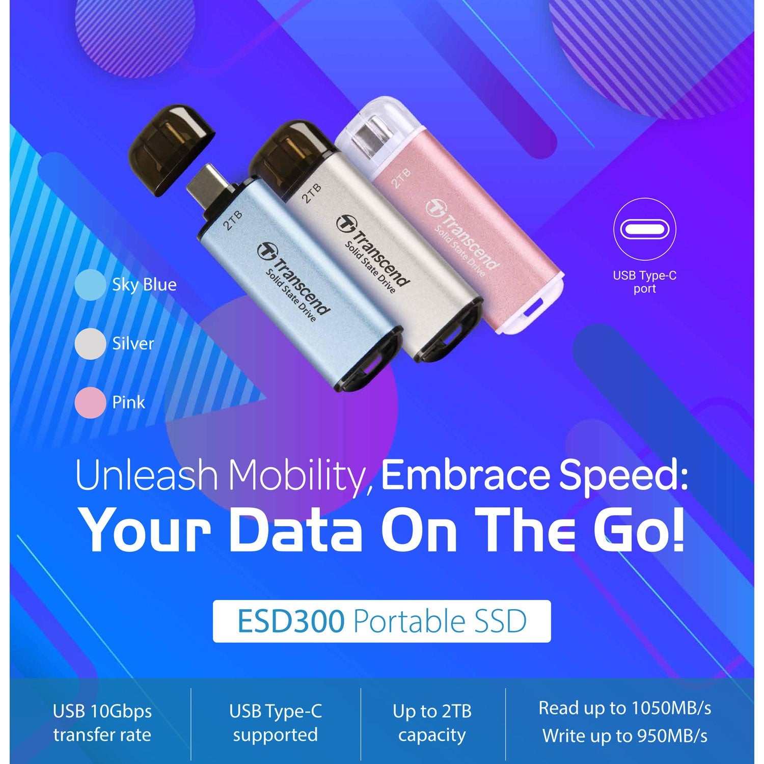 Portable Mini SSD ESD300C USB-C 2TB 10Gbps (R1050/W950 Mb/s) Silver