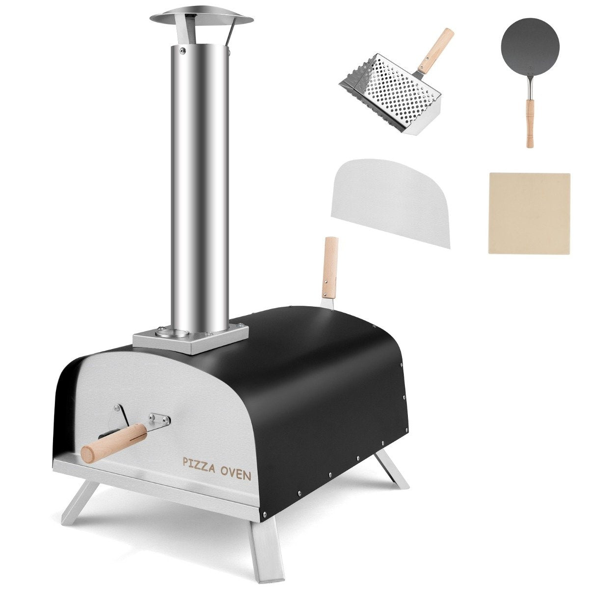 Portable Outdoor Pizza Oven Wood-Fired Backyard Pizza Maker Silver + Black