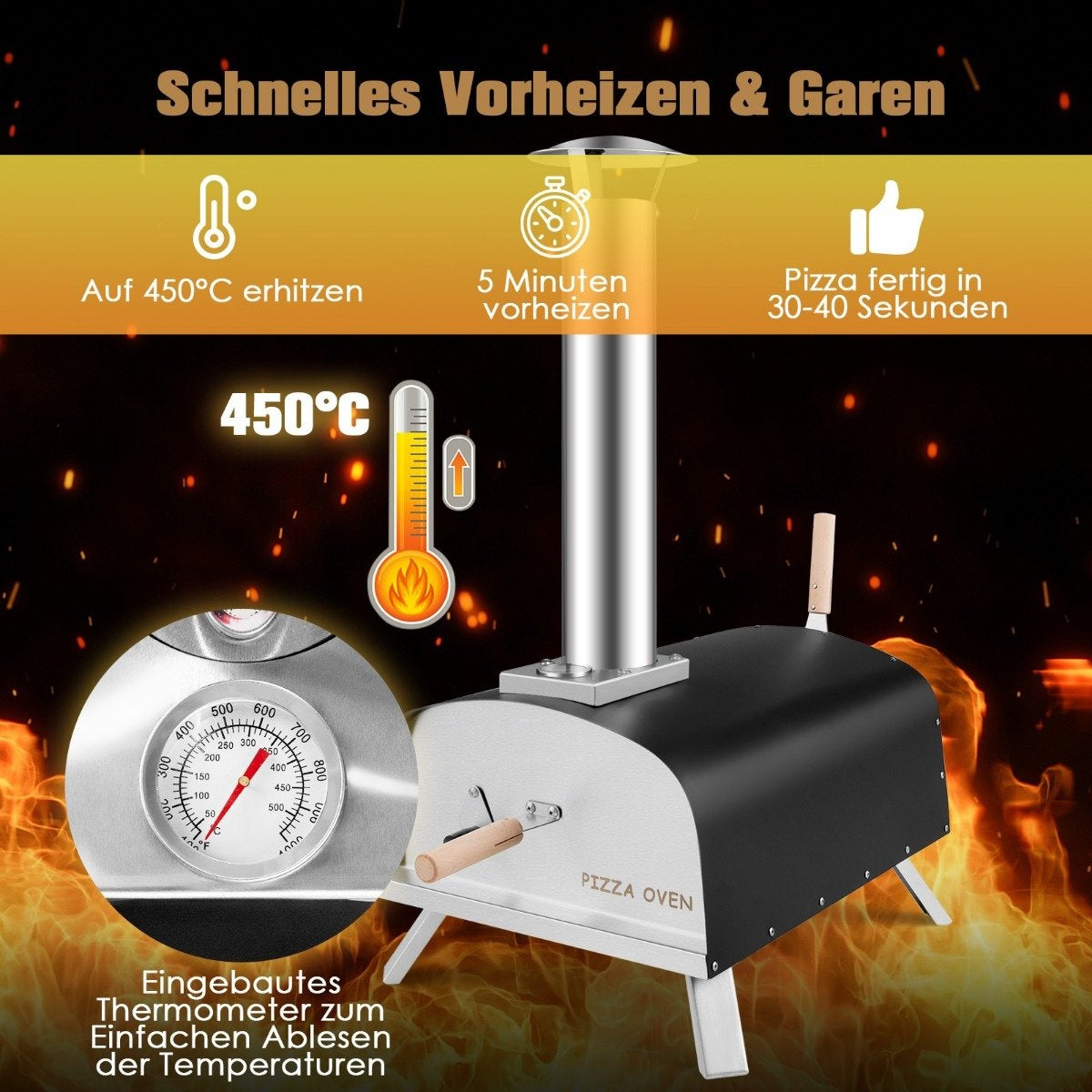Portable Outdoor Pizza Oven Wood-Fired Backyard Pizza Maker Silver + Black