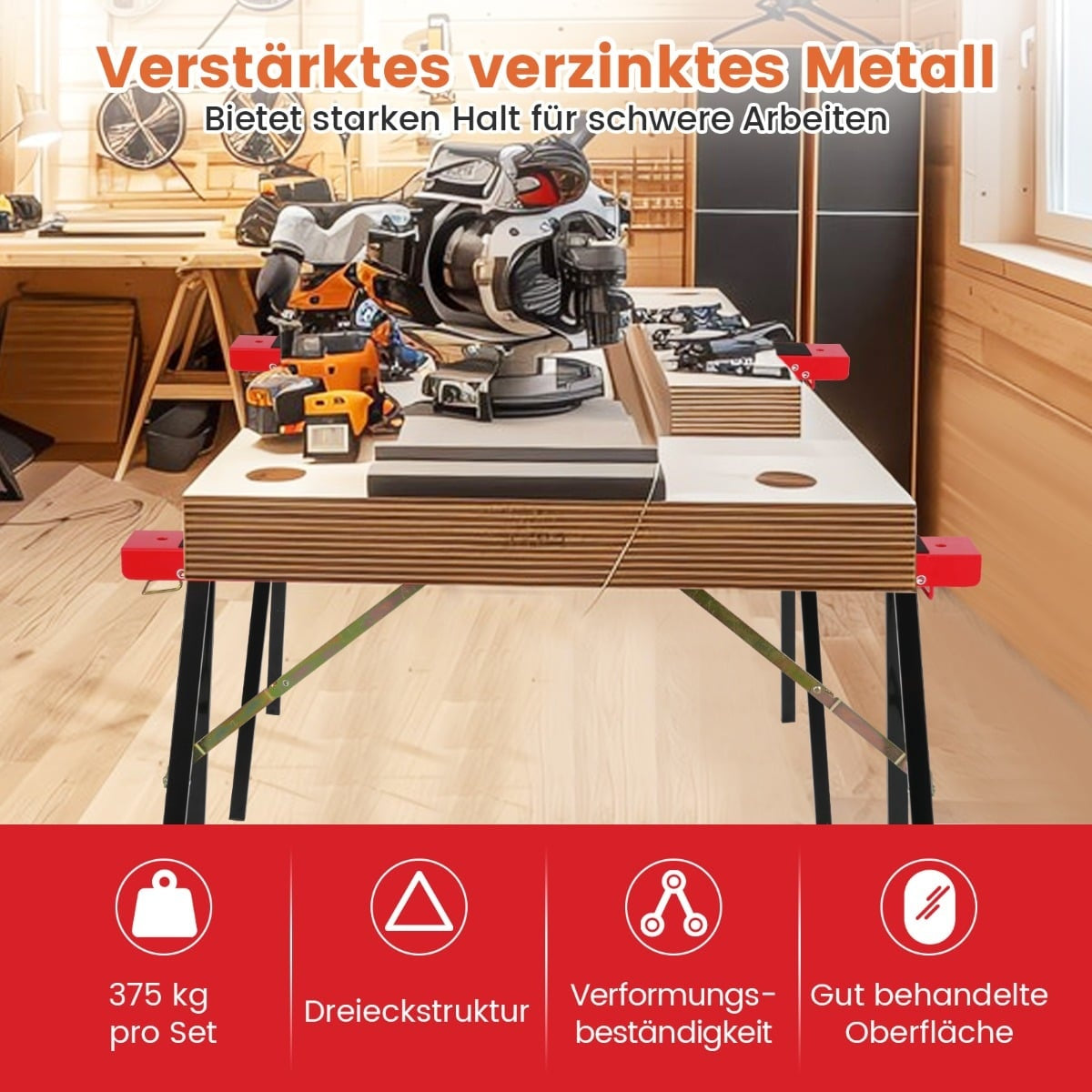 Portable Sawhorse Set, Galvanized Metal, Non-Slip, 375kg Capacity