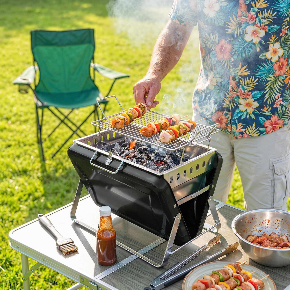 Portable Stainless Steel Charcoal Grill, Folding Legs, 40x28x25.5 cm