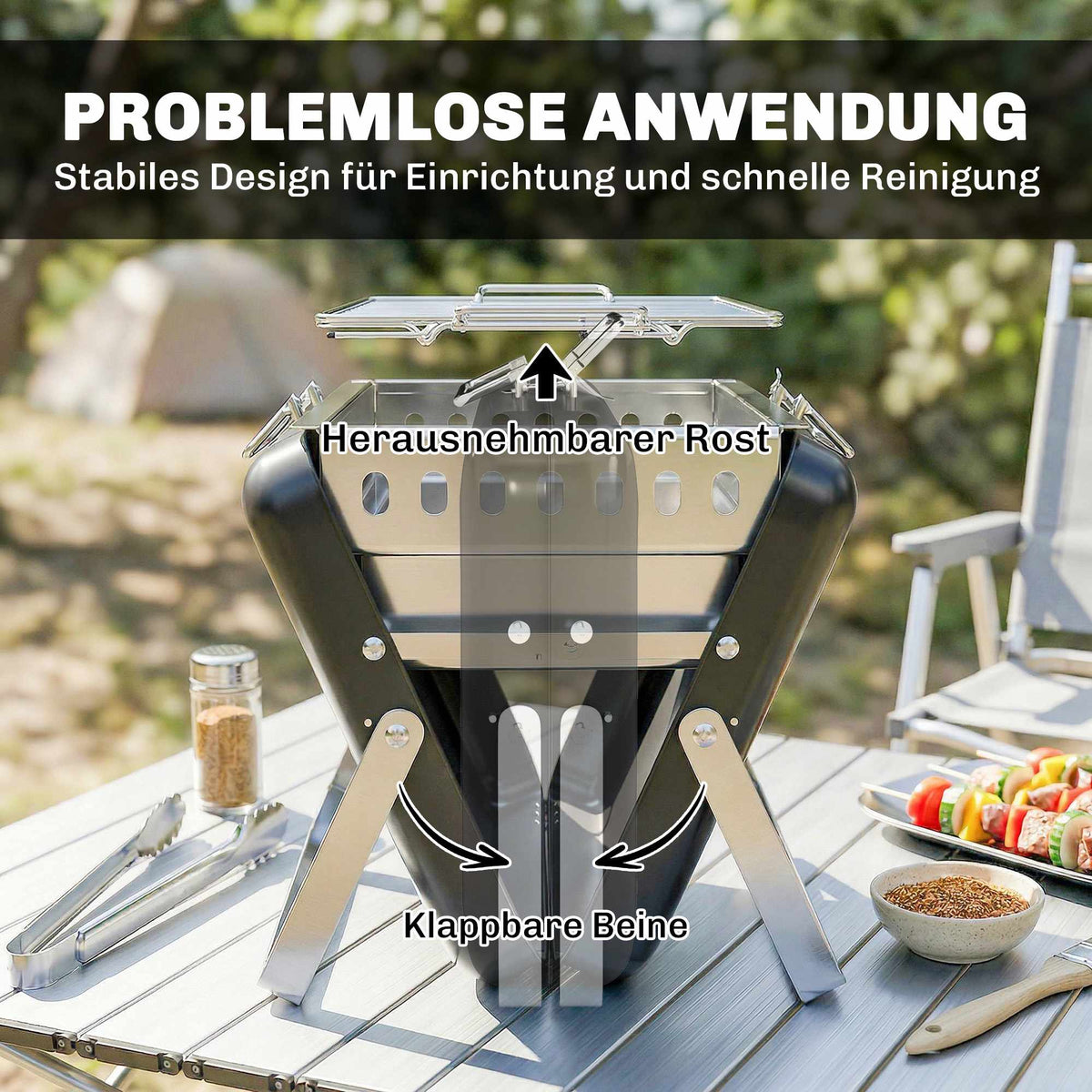 Portable Stainless Steel Charcoal Grill, Folding Legs, 40x28x25.5 cm