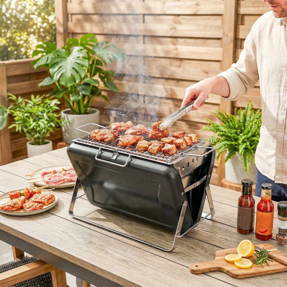 Portable Stainless Steel Charcoal Grill, Folding Legs, 40x28x25.5 cm