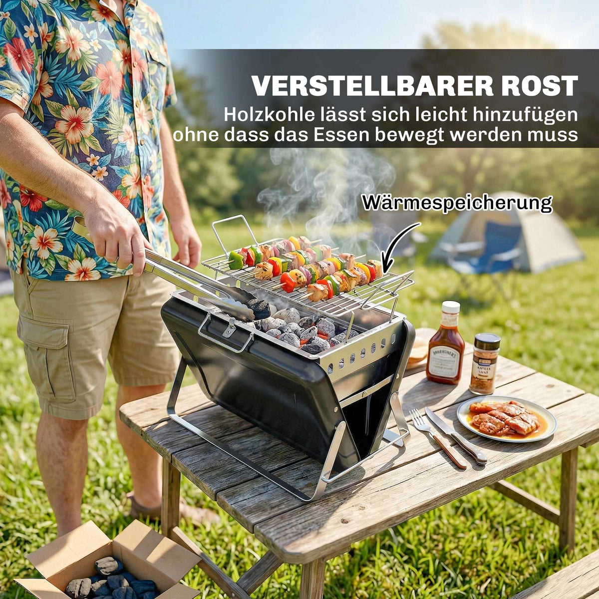 Portable Stainless Steel Charcoal Grill, Folding Legs, 40x28x25.5 cm