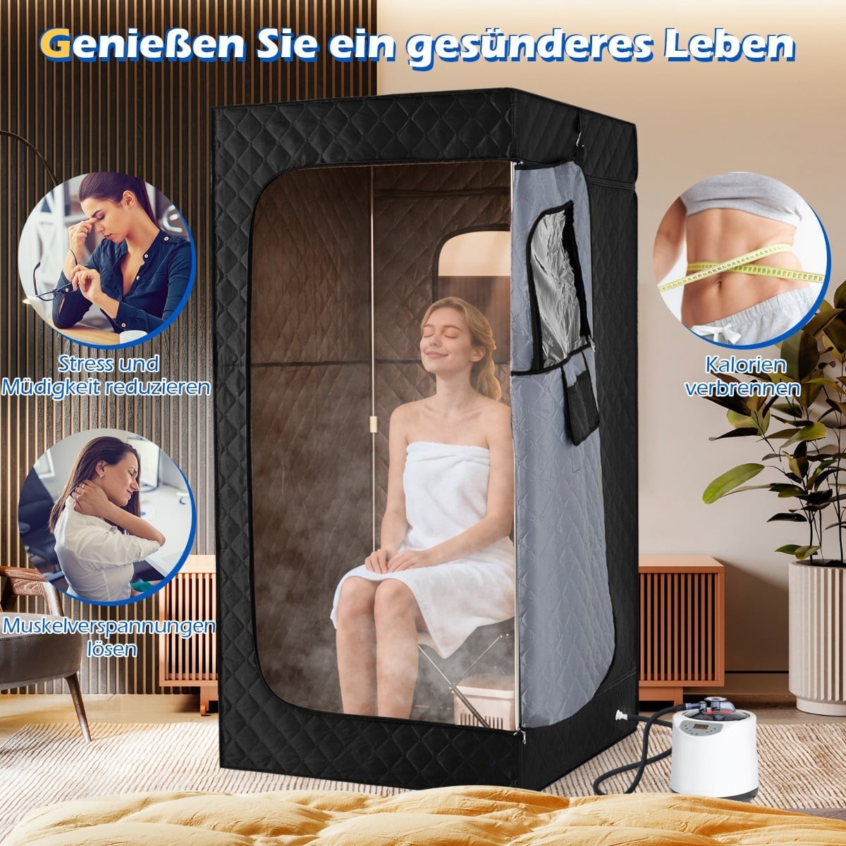 Portable Steam Sauna with Chair & Mat – Black, 88x88x179 cm