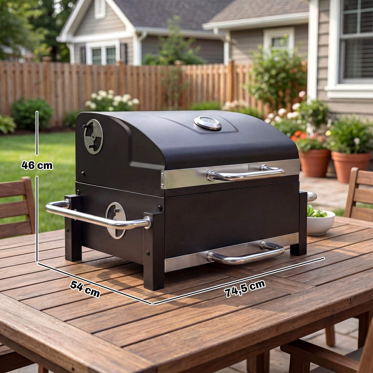 Portable Steel Charcoal Grill with Lid and Thermometer