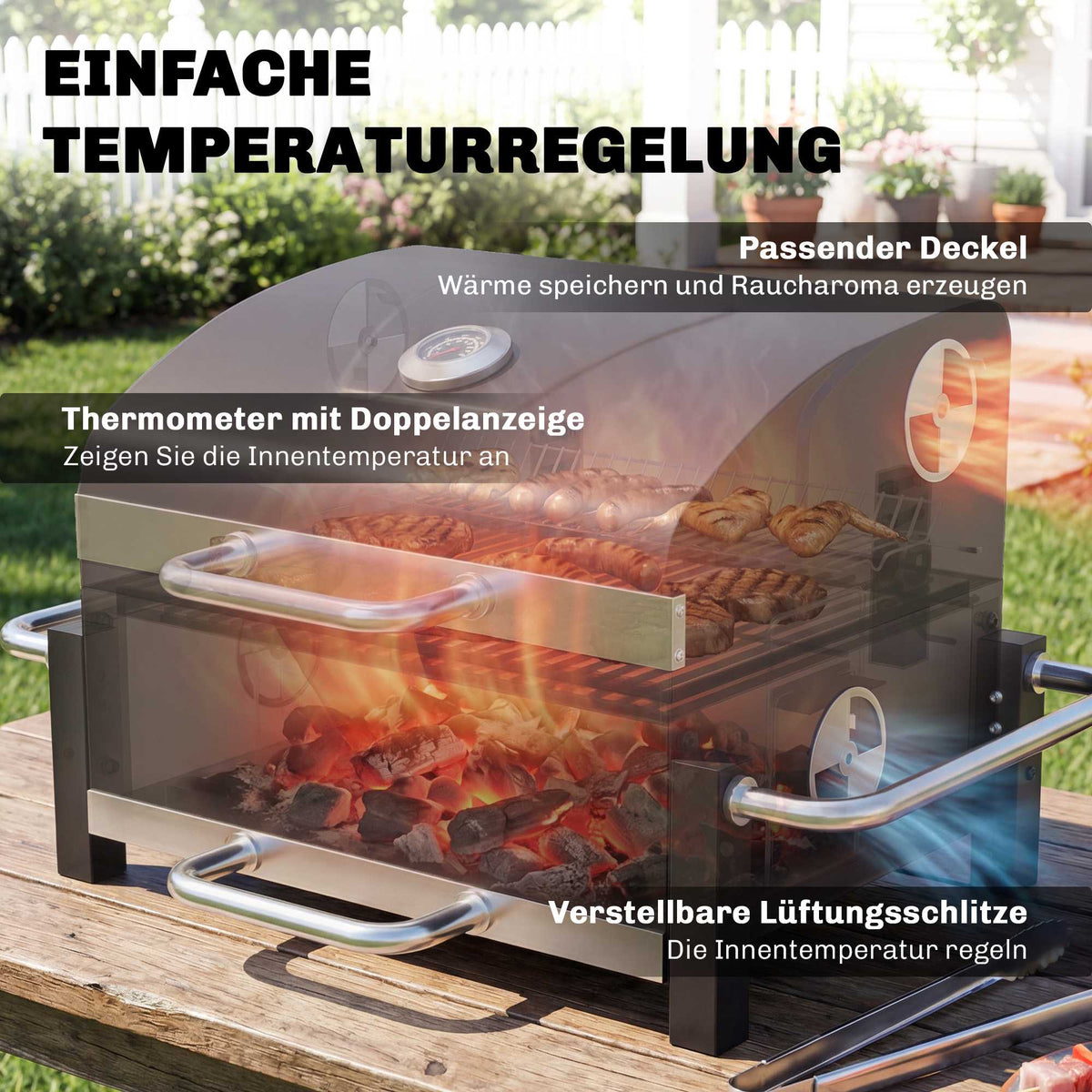 Portable Steel Charcoal Grill with Lid and Thermometer