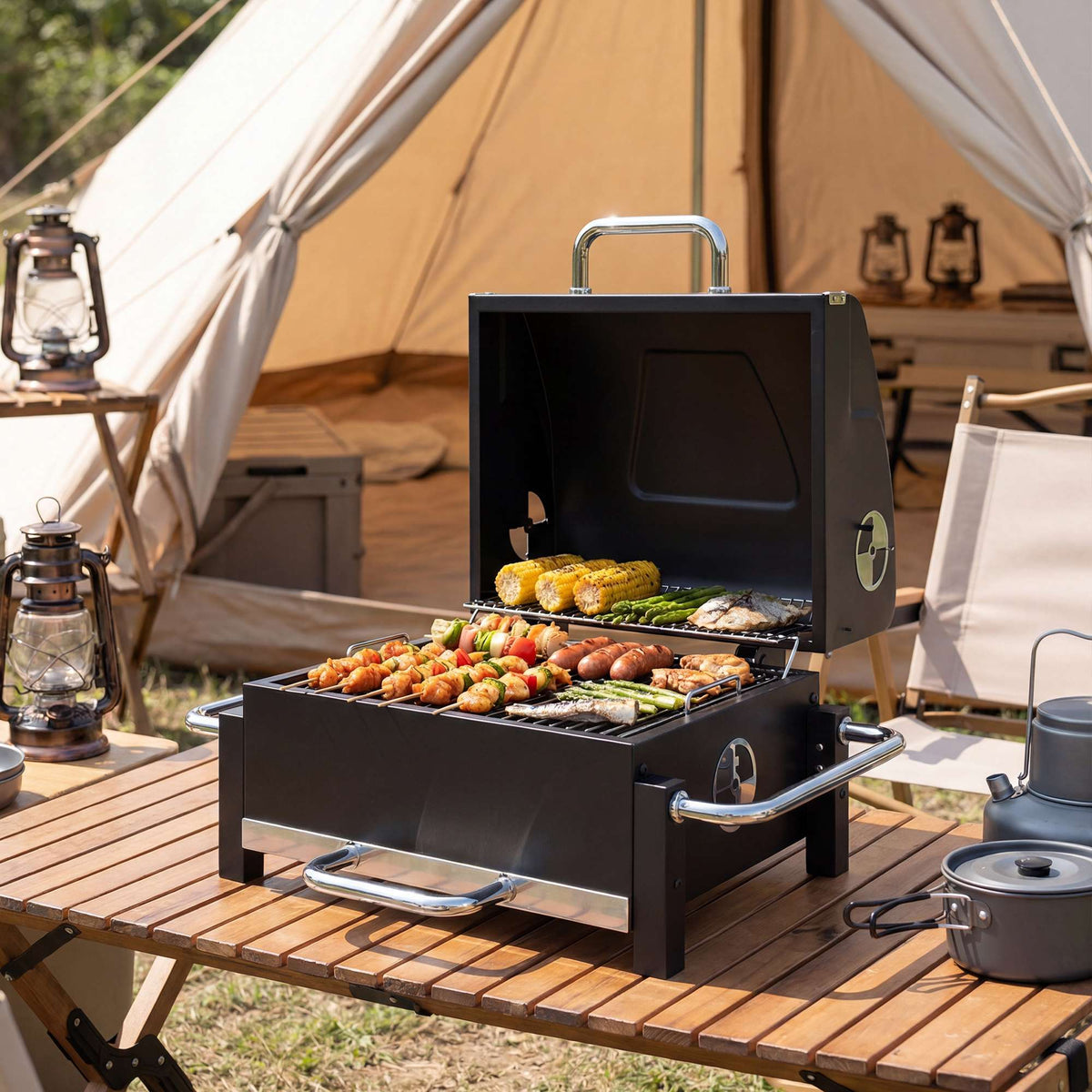 Portable Steel Charcoal Grill with Lid and Thermometer