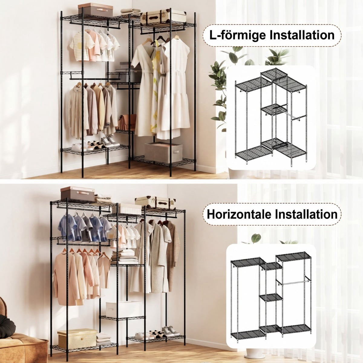 Portable Wardrobe with L-Shape & Horizontal Mount, Black