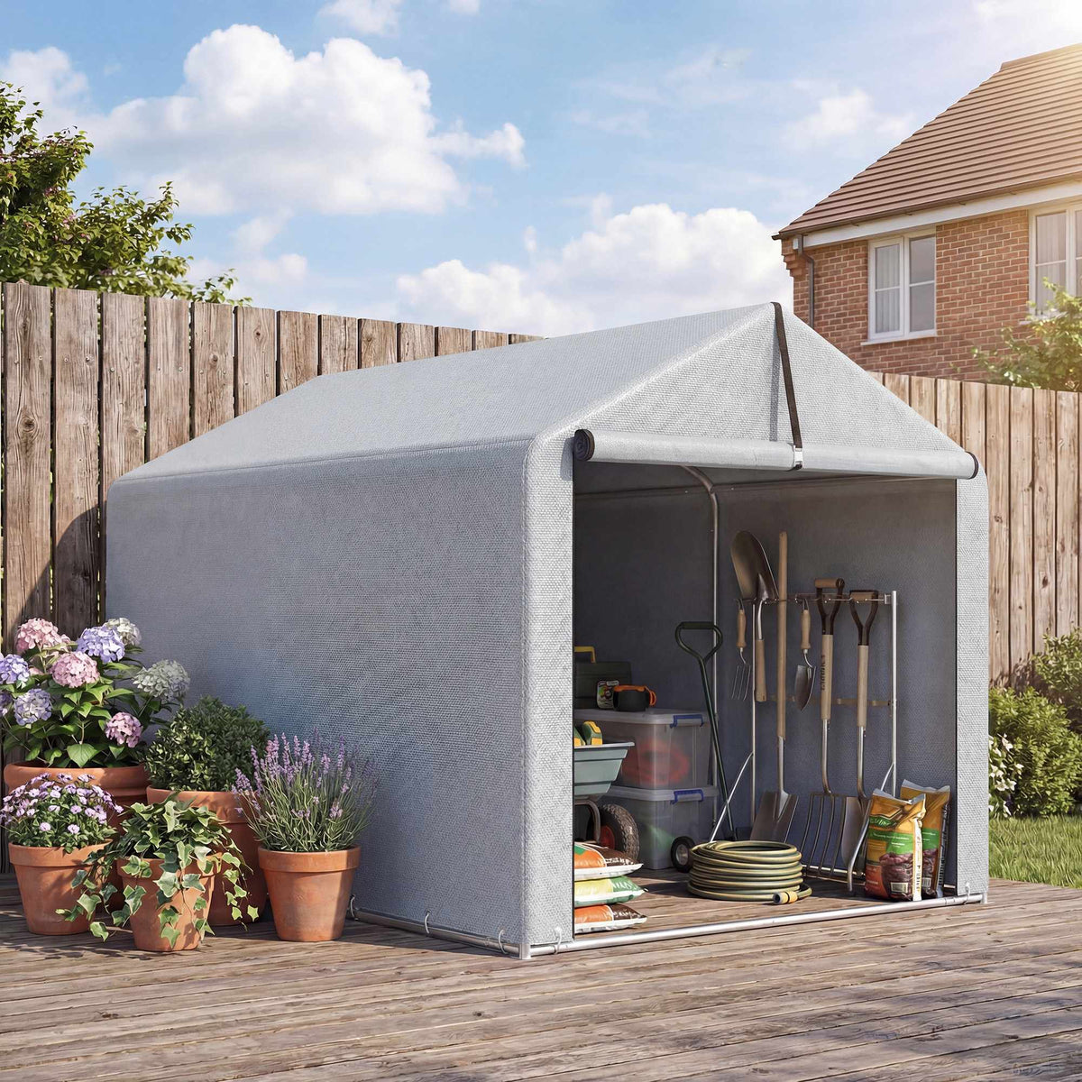 Portable Waterproof Storage Tent with Roll-Up Door, Light Grey