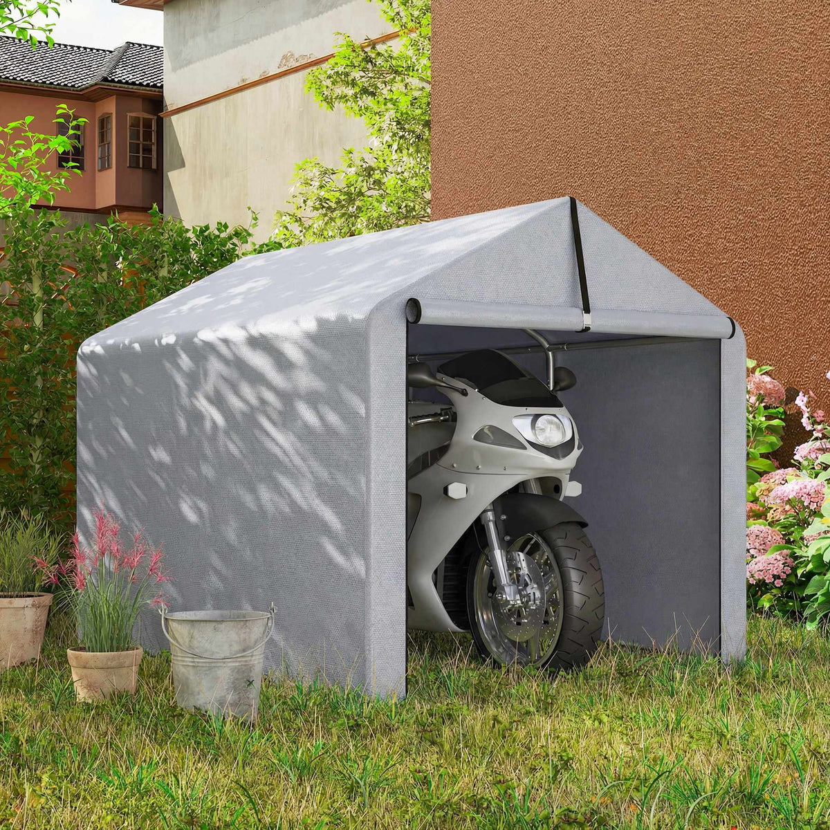 Portable Waterproof Storage Tent with Roll-Up Door, Light Grey