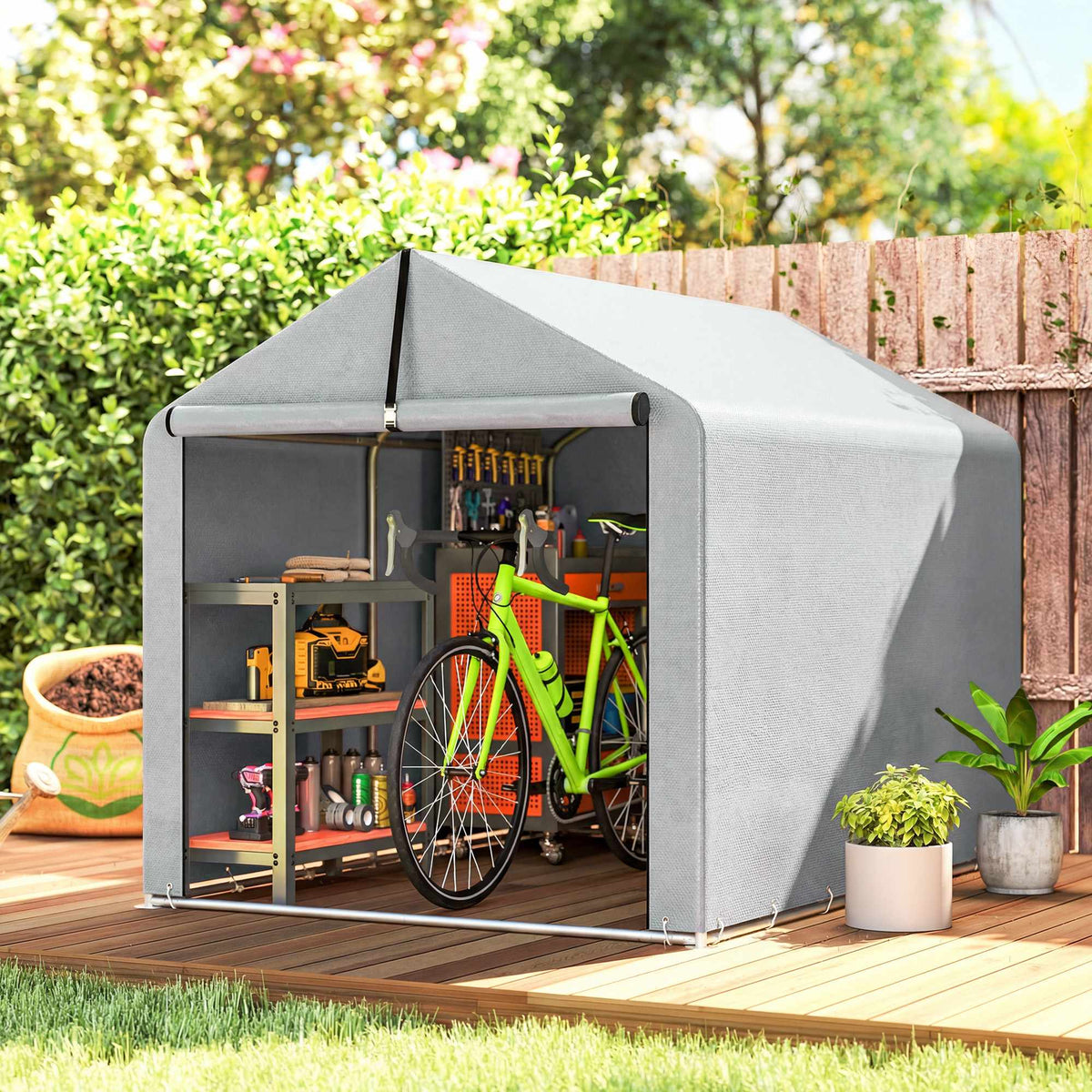 Portable Waterproof Storage Tent with Roll-Up Door, Light Grey