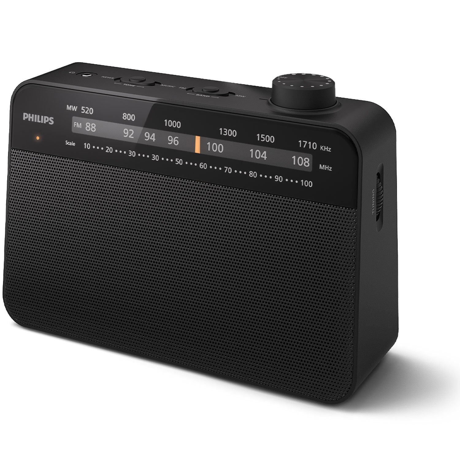 Portable analog FM/MW radio TAR2509. Mains or battery powered.