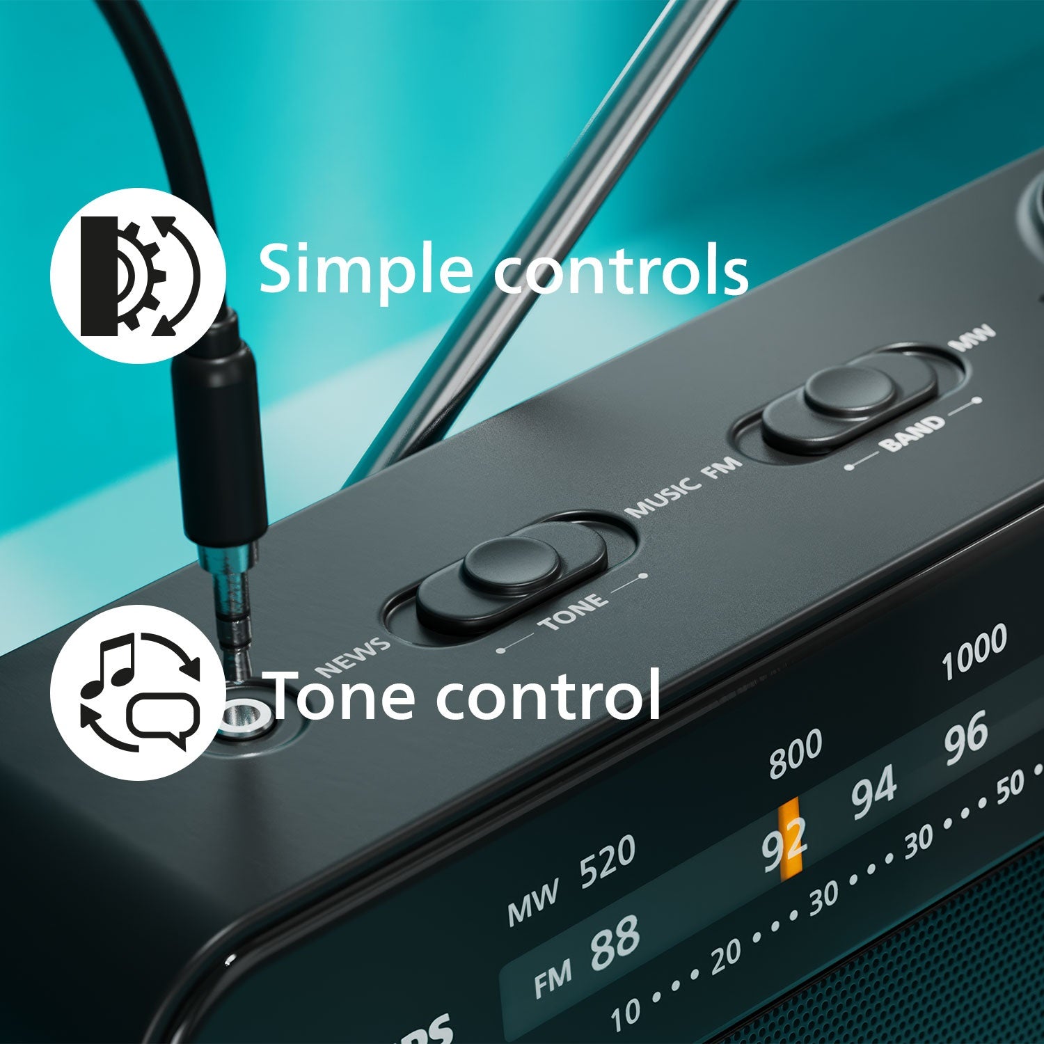 Portable analog FM/MW radio TAR2509. Mains or battery powered.