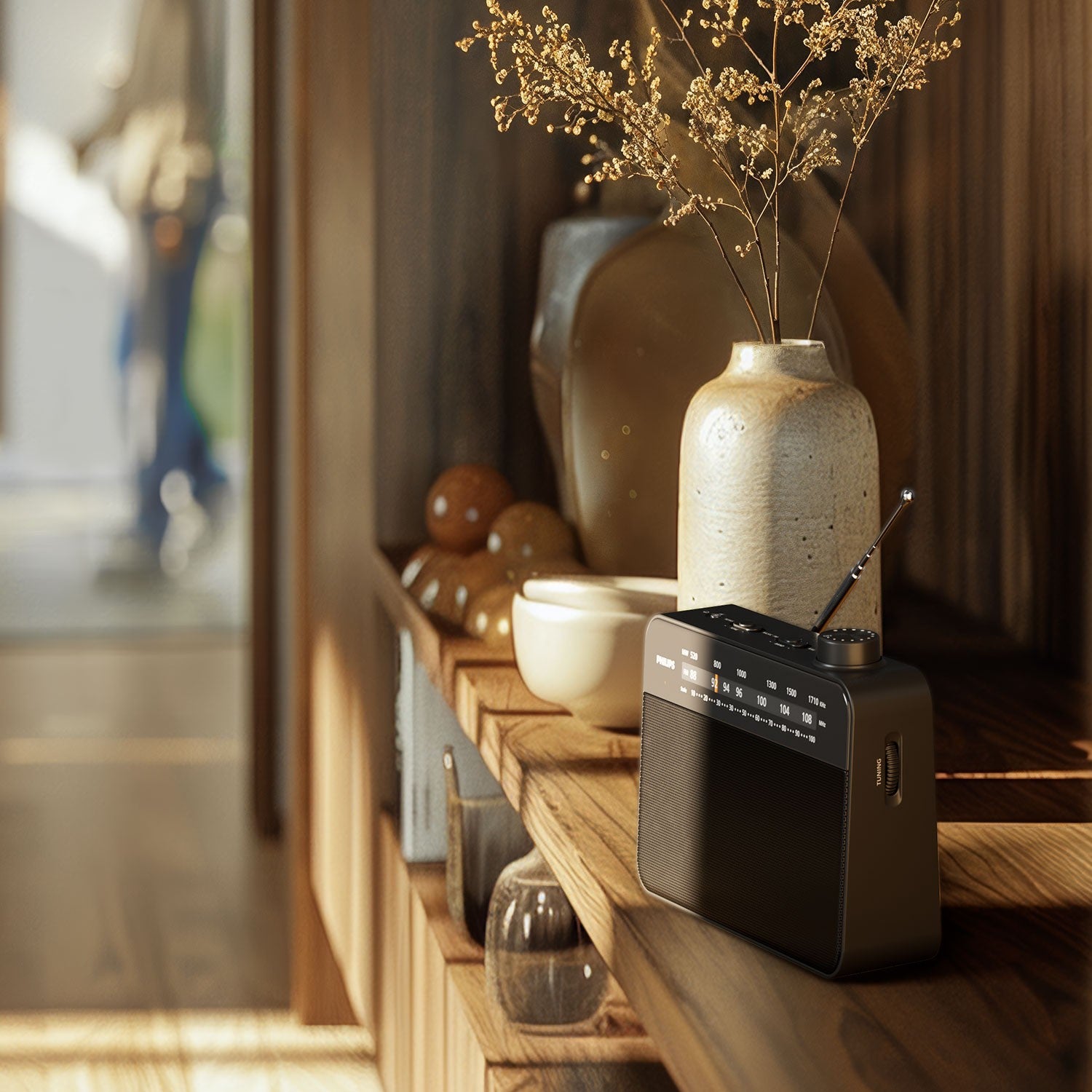 Portable analog FM/MW radio TAR2509. Mains or battery powered.