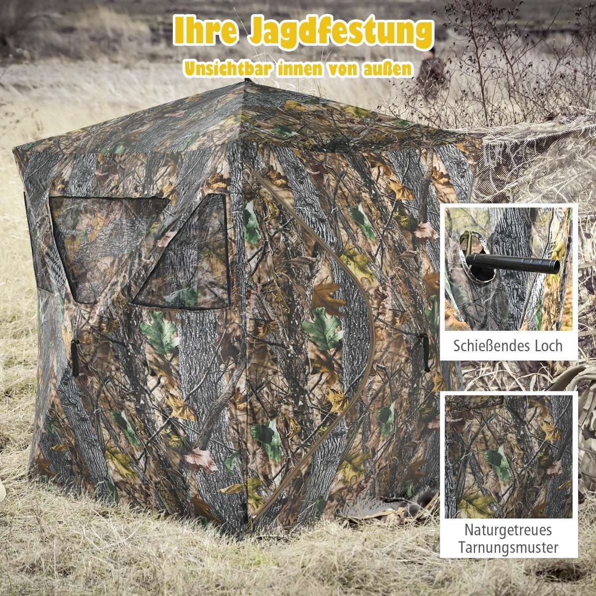 Portable hunting tent with ground spikes & lashing straps & carry bag for 3 people camouflage