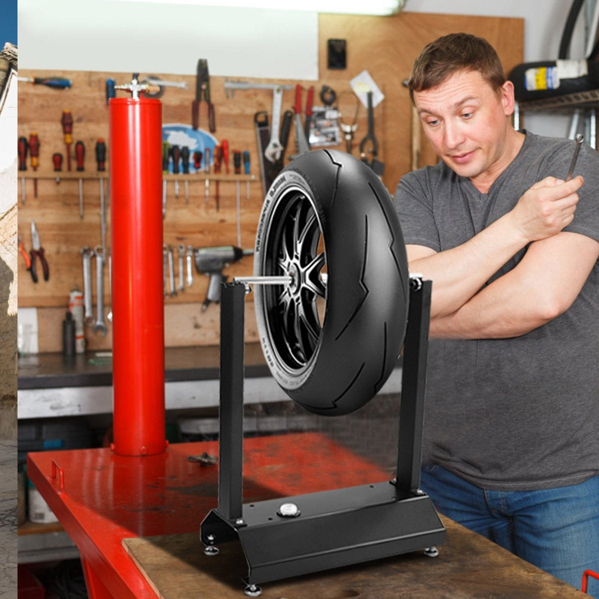 Portable motorcycle wheel balancer with adjustable cones 40.5 x 22 x 51 cm