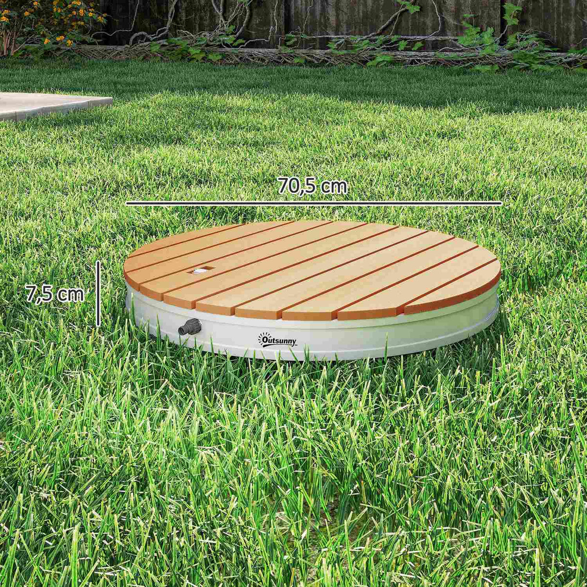 Portable outdoor shower set with adjustable fountain, aluminum base, UV and frost resistant, natural wood look