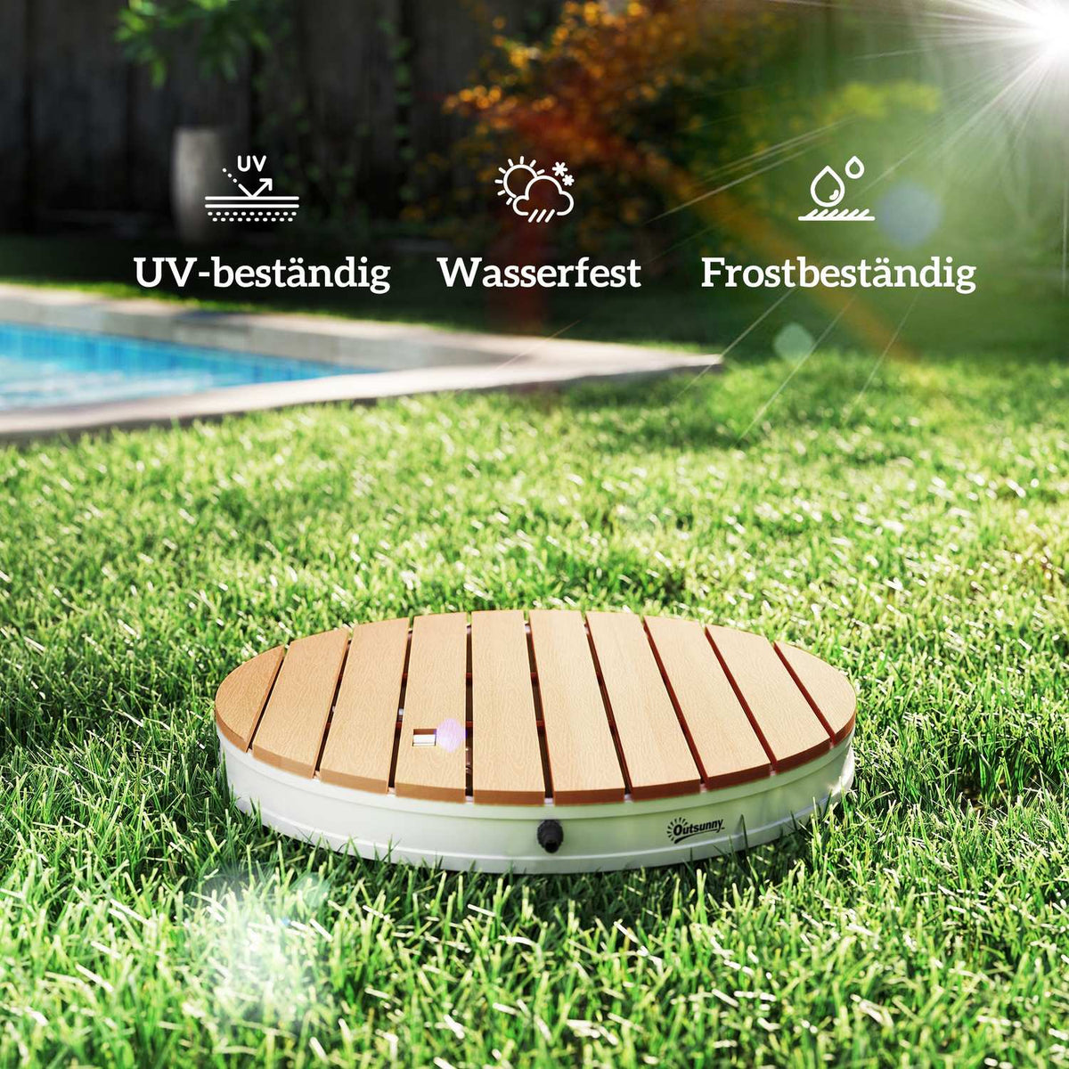 Portable outdoor shower set with adjustable fountain, aluminum base, UV and frost resistant, natural wood look