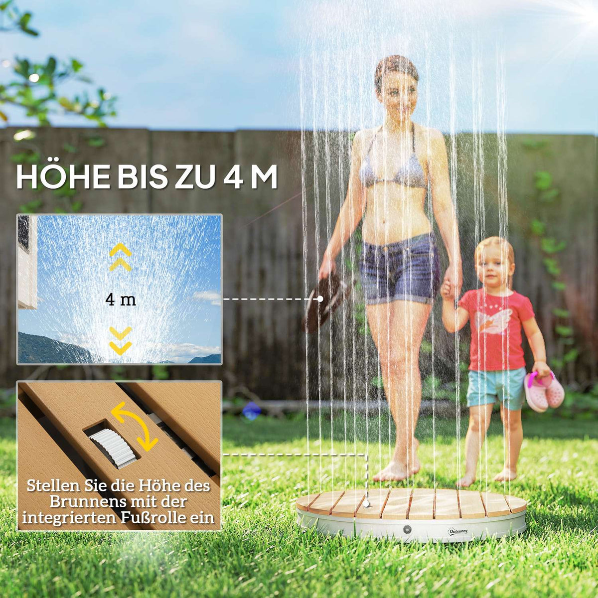 Portable outdoor shower set with adjustable fountain, aluminum base, UV and frost resistant, natural wood look
