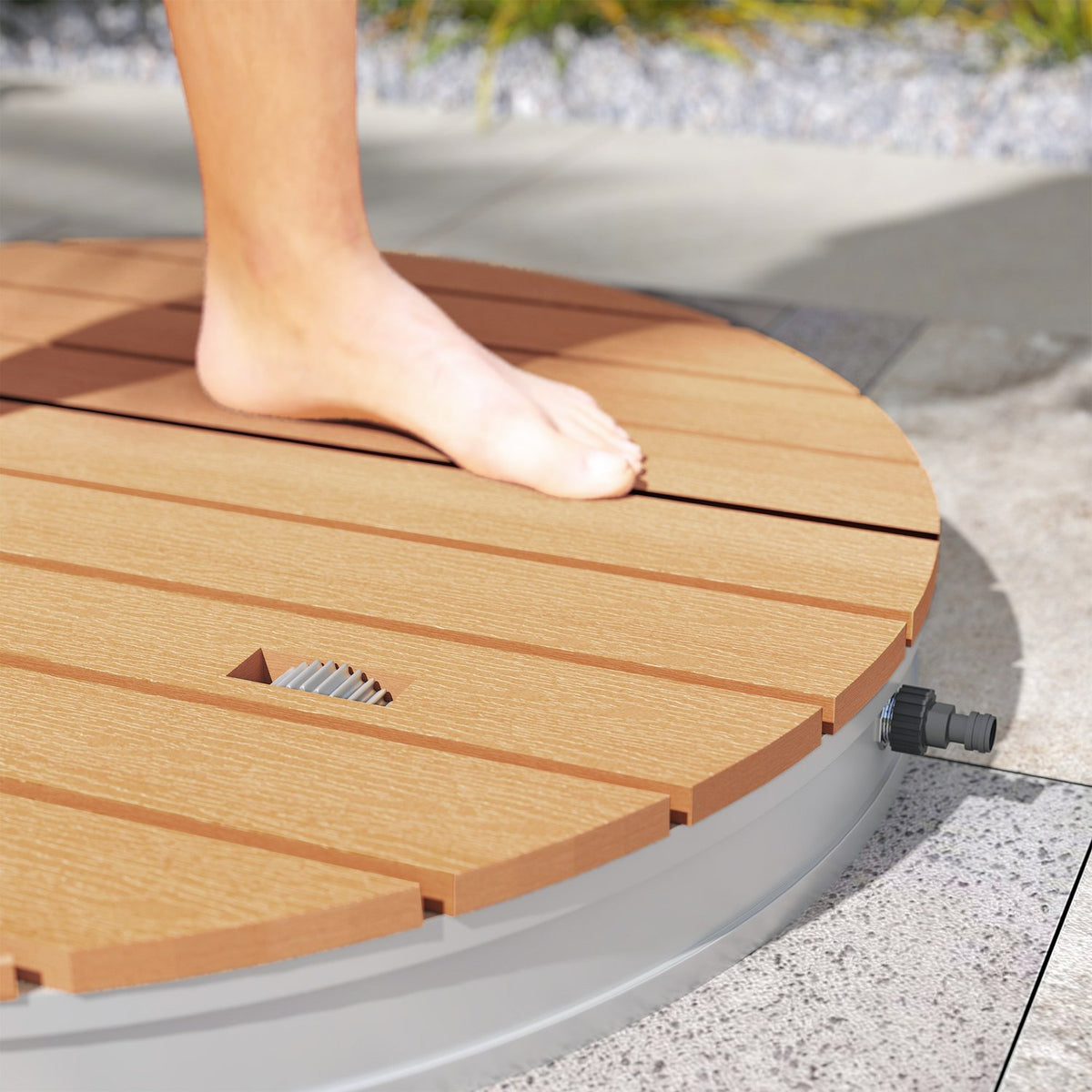 Portable outdoor shower set with adjustable fountain, aluminum base, UV and frost resistant, natural wood look