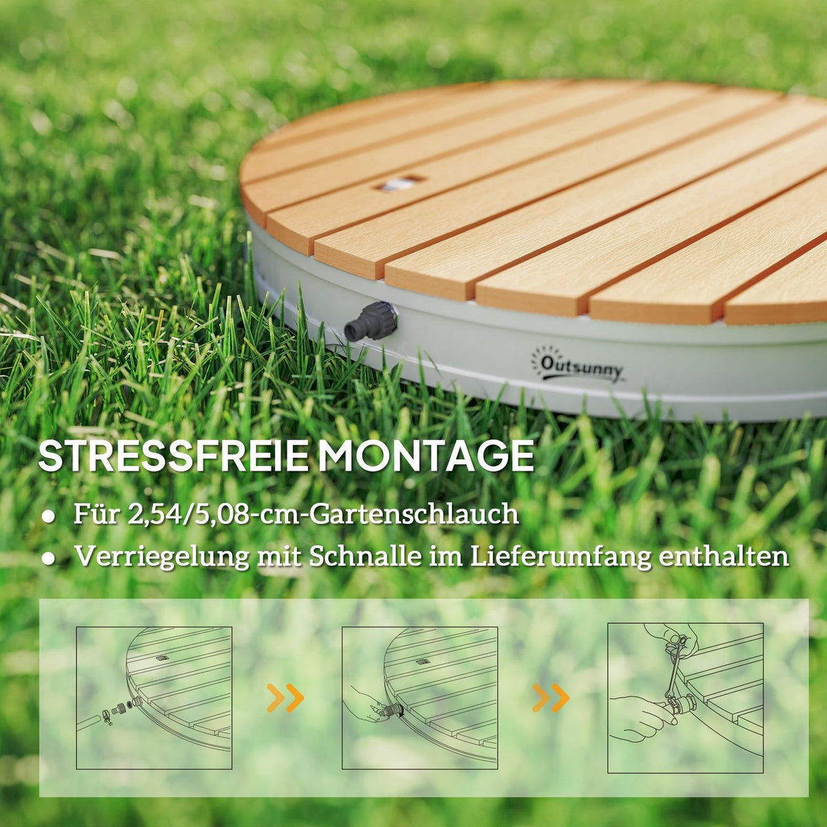 Portable outdoor shower set with adjustable fountain, aluminum base, UV and frost resistant, natural wood look