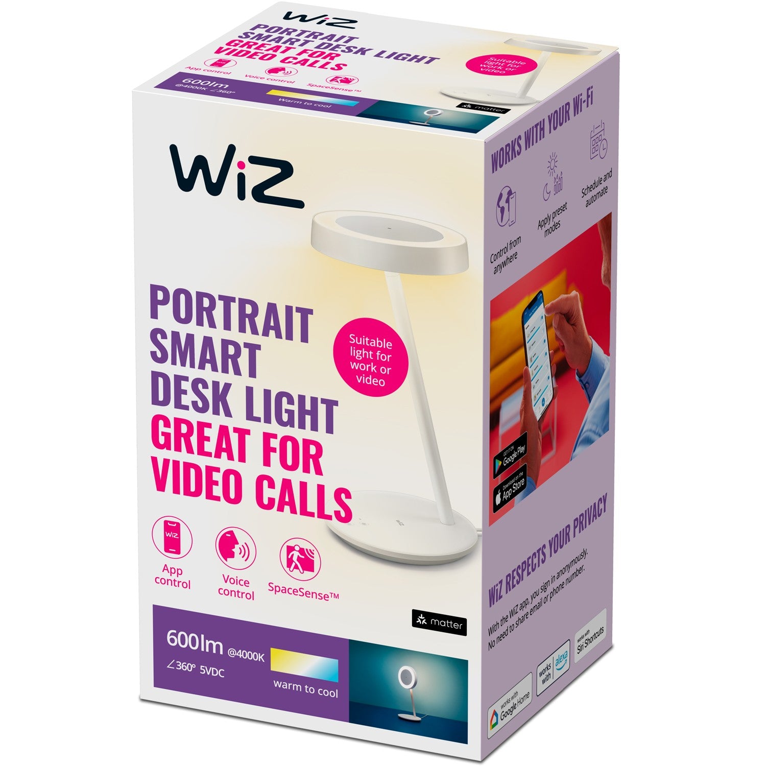 Portrait Smart desk lamp/lighting for video calls 600lm