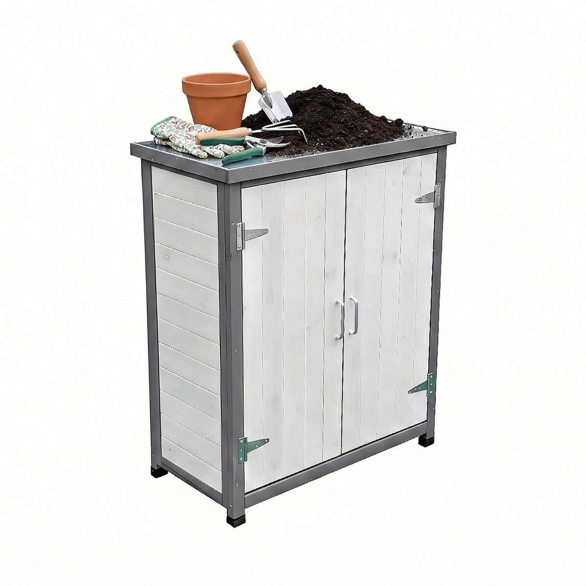 Potting Table with Cabinet and Galvanized Worktop