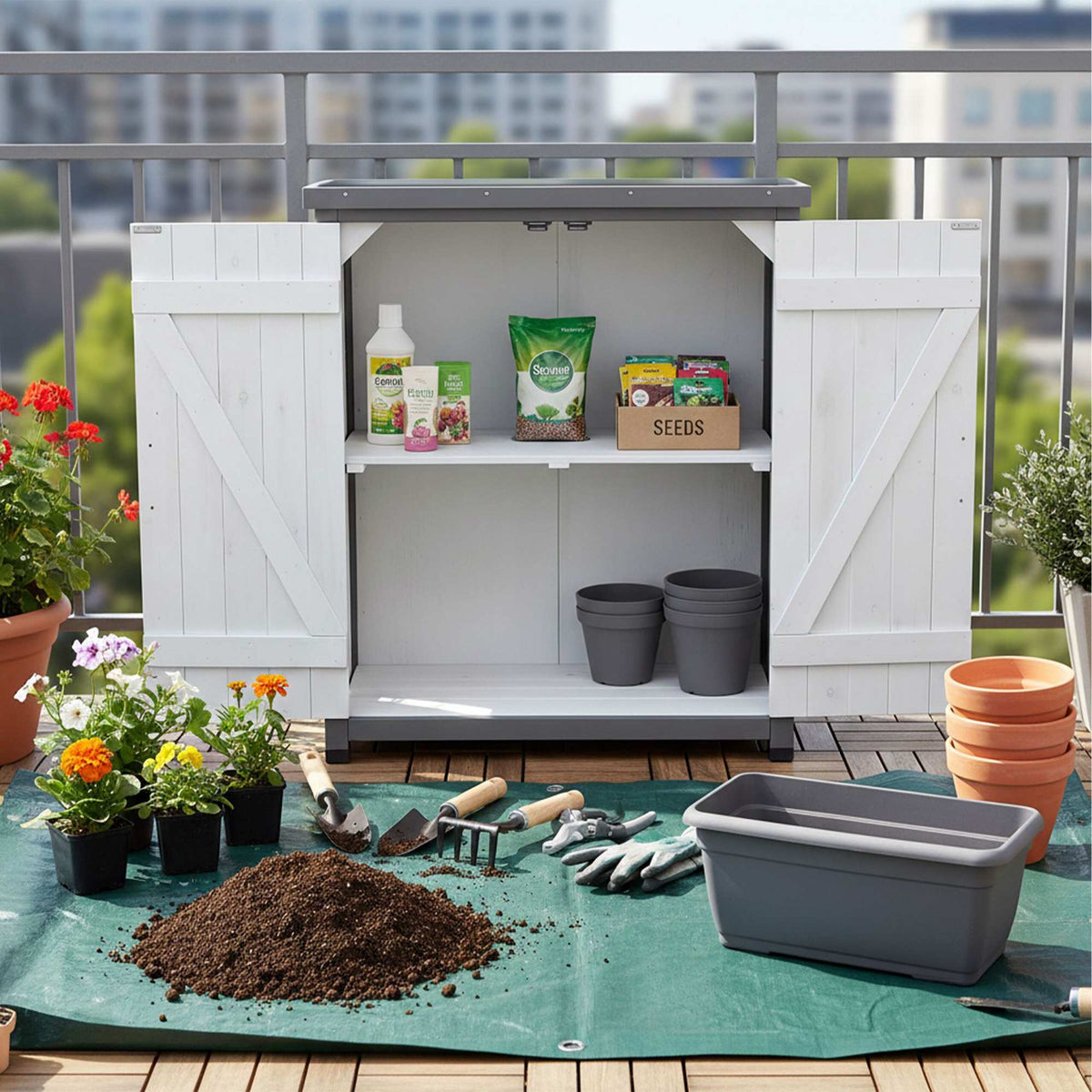 Potting Table with Cabinet and Galvanized Worktop