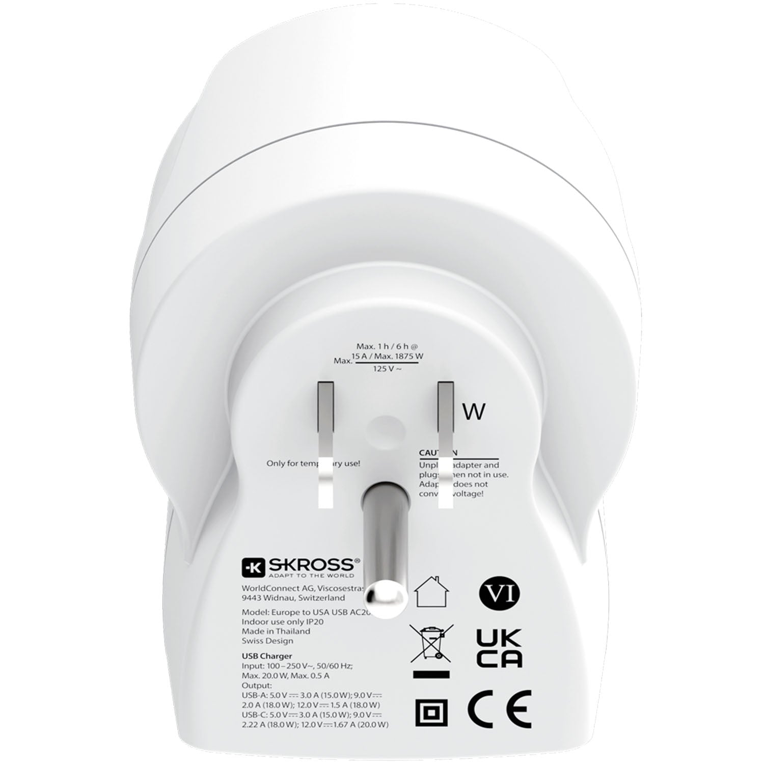 Power Adapter EU to US, USB-A/USB-C, 20W PD Grounded