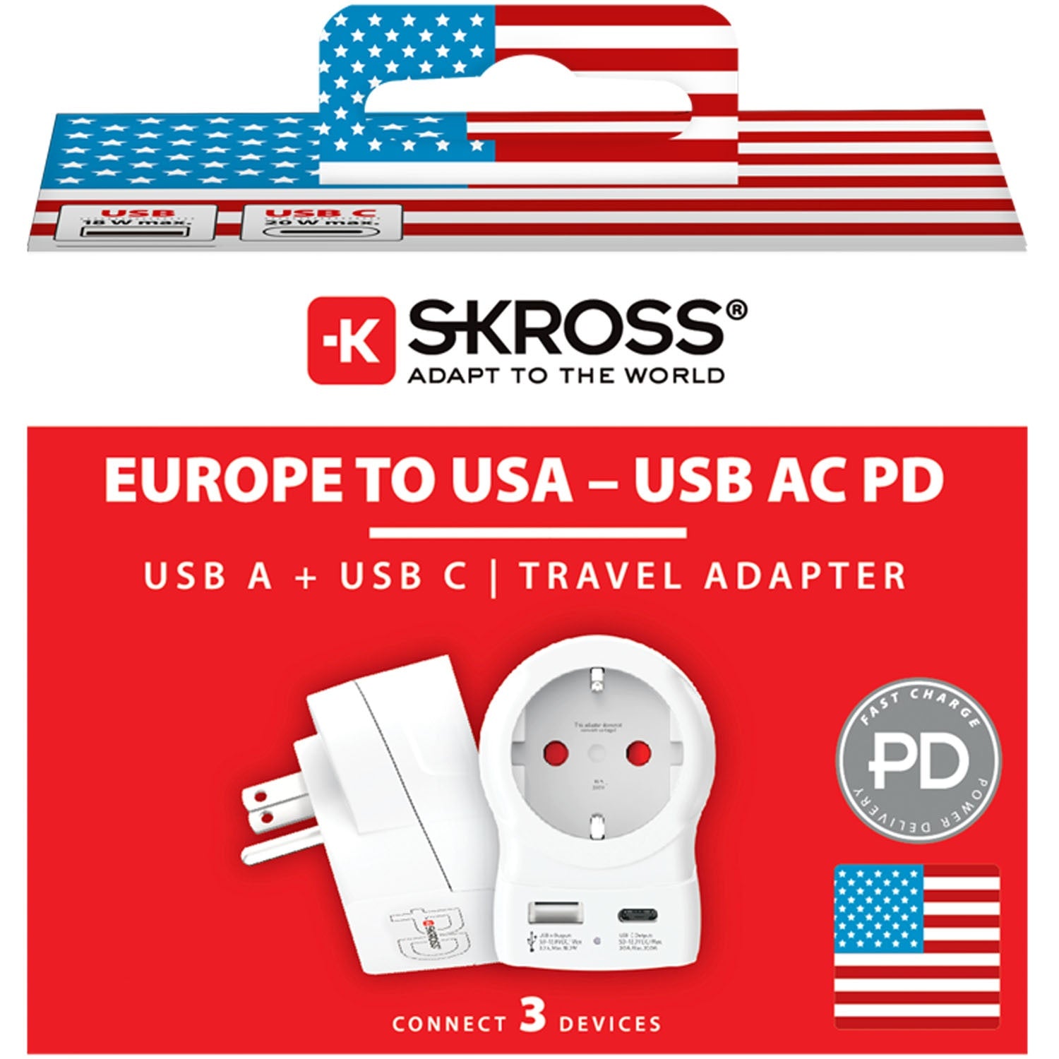 Power Adapter EU to US, USB-A/USB-C, 20W PD Grounded