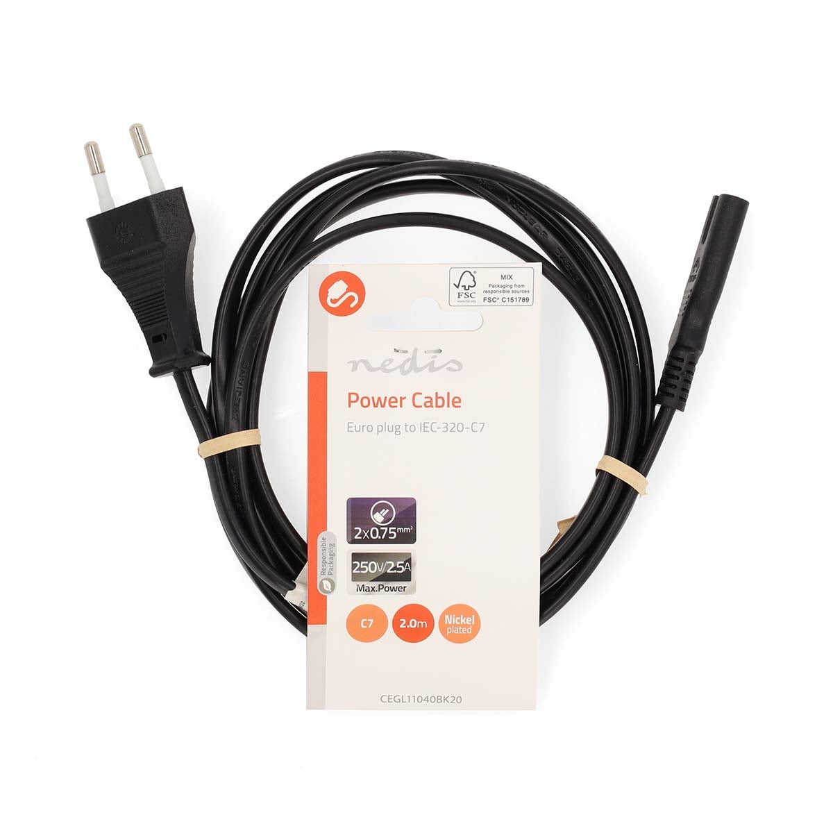 Power Cable | Euro Male | IEC-320-C7 | Straight | Straight | Nickel Plated | 2.00 m | Flat | PVC | Black | Label
