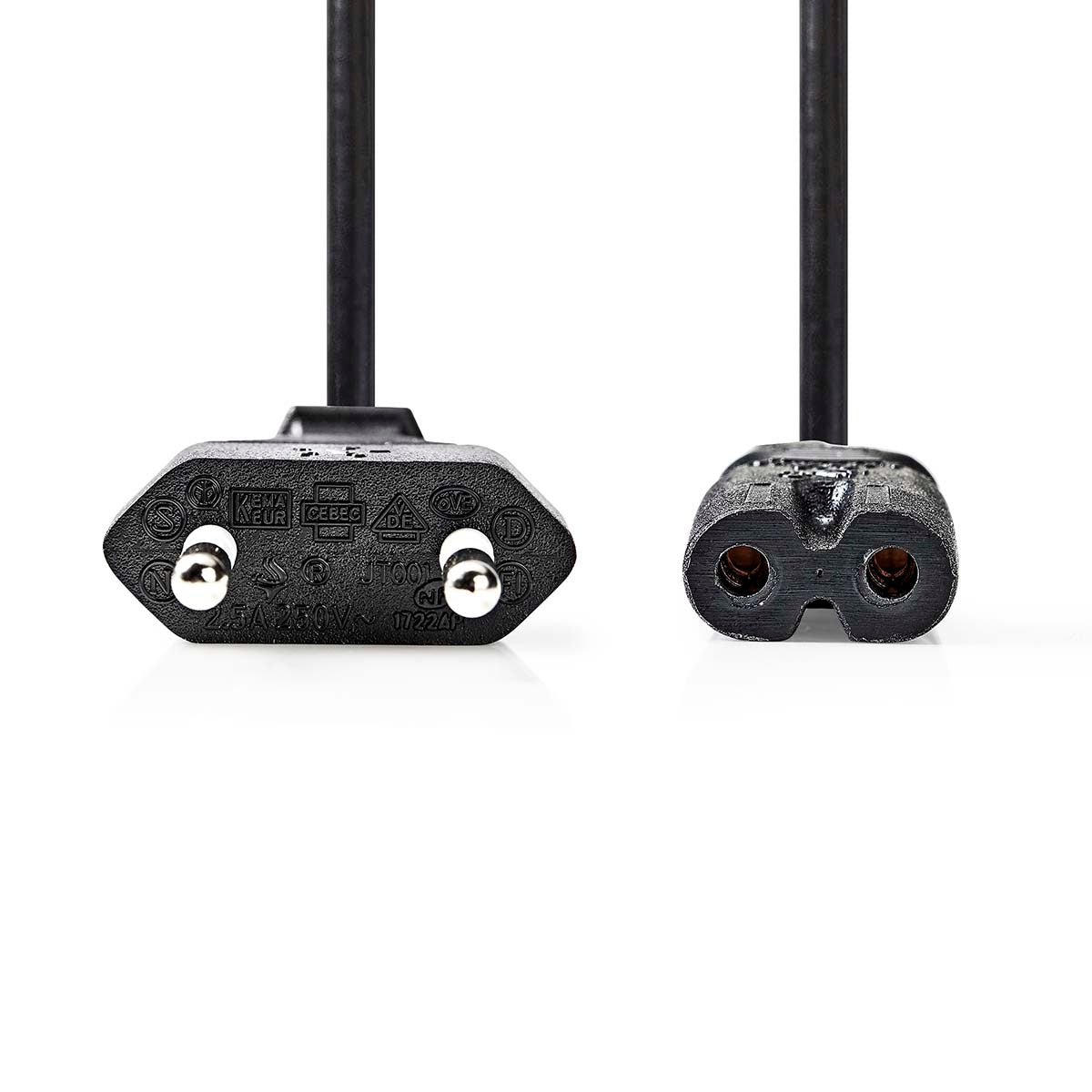 Power Cable | Euro Male | IEC-320-C7 | Straight | Straight | Nickel Plated | 2.00 m | Flat | PVC | Black | Label
