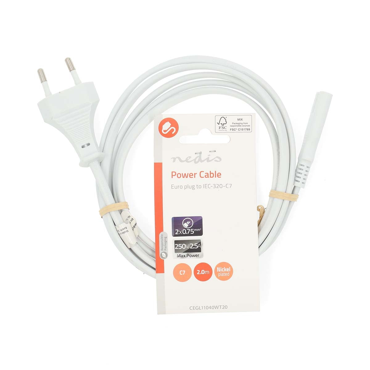 Power Cable | Euro Male | IEC-320-C7 | Straight | Straight | Nickel Plated | 2.00 m | Flat | PVC | White | Label