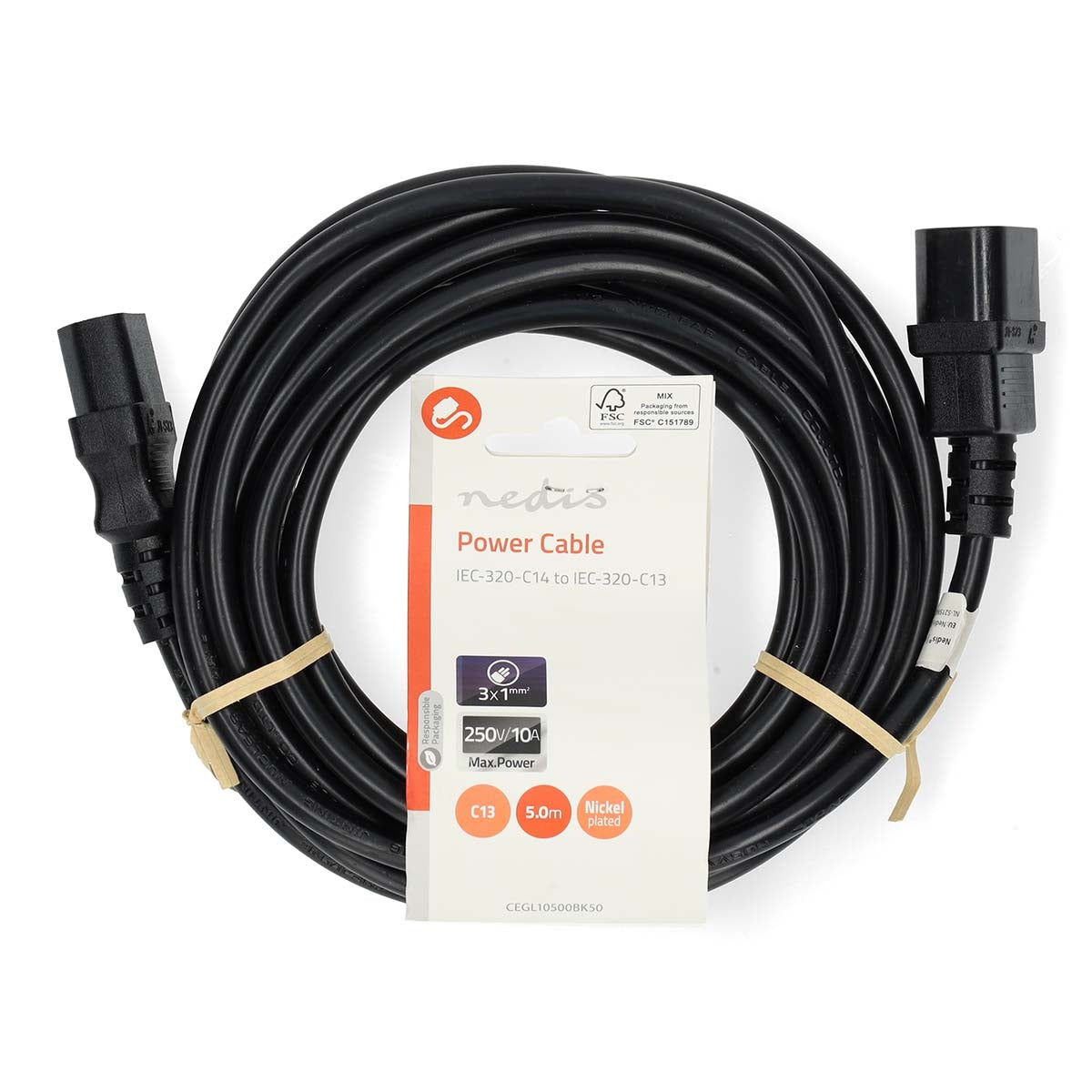 Power Cable | IEC-320-C14 | IEC-320-C13 | Straight | Straight | Nickel Plated | 5.00 m | Round | PVC | Black | Label
