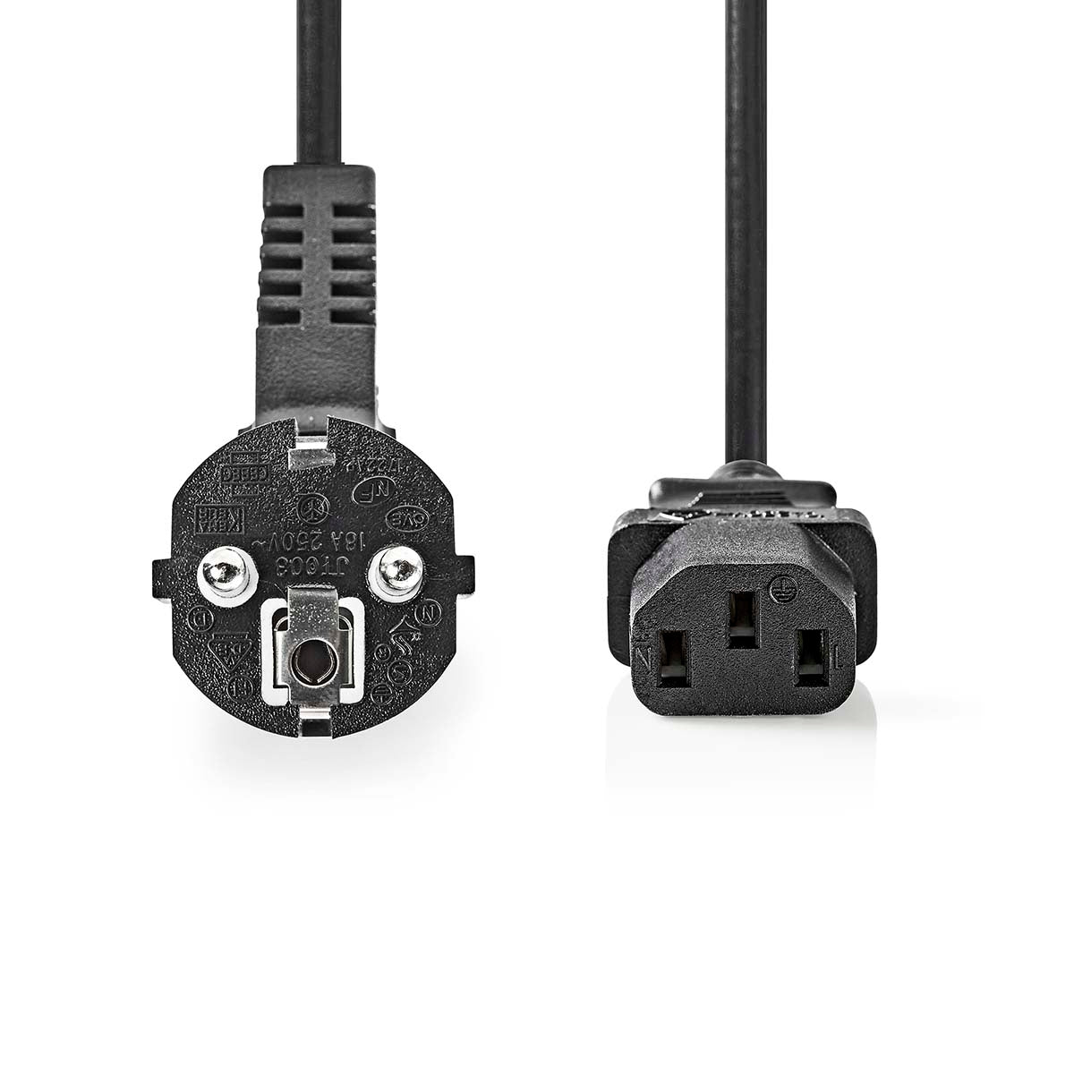Power Cable | Plug with earth contact male | IEC-320-C13 | Angled | Straight | Nickel Plated | 10.0 m | Round | PVC | Black | Label
