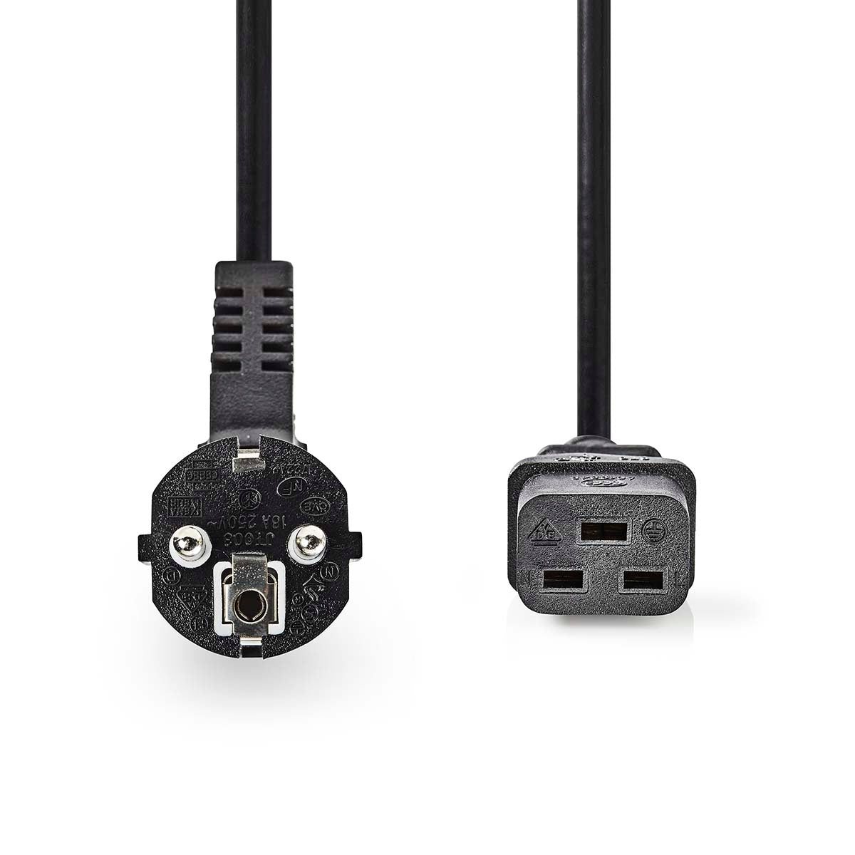 Power Cable | Plug with earth contact male | IEC-320-C19 | Angled | Straight | Nickel Plated | 2.00 m | Round | PVC | Black | Label