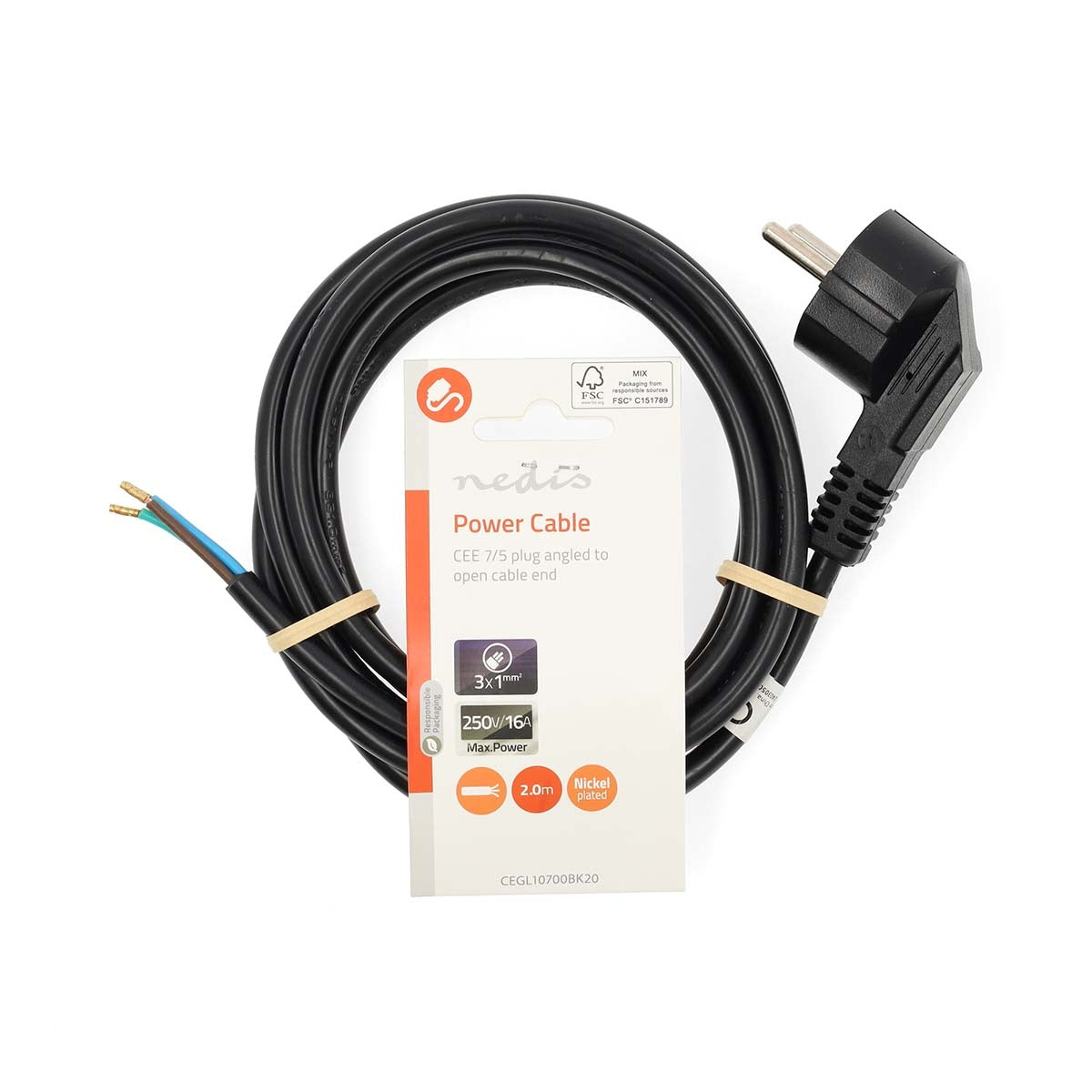 Power Cable | Plug with earth contact male | Open | Angled | Straight | Nickel Plated | 2.00 m | Round | PVC | Black | Label