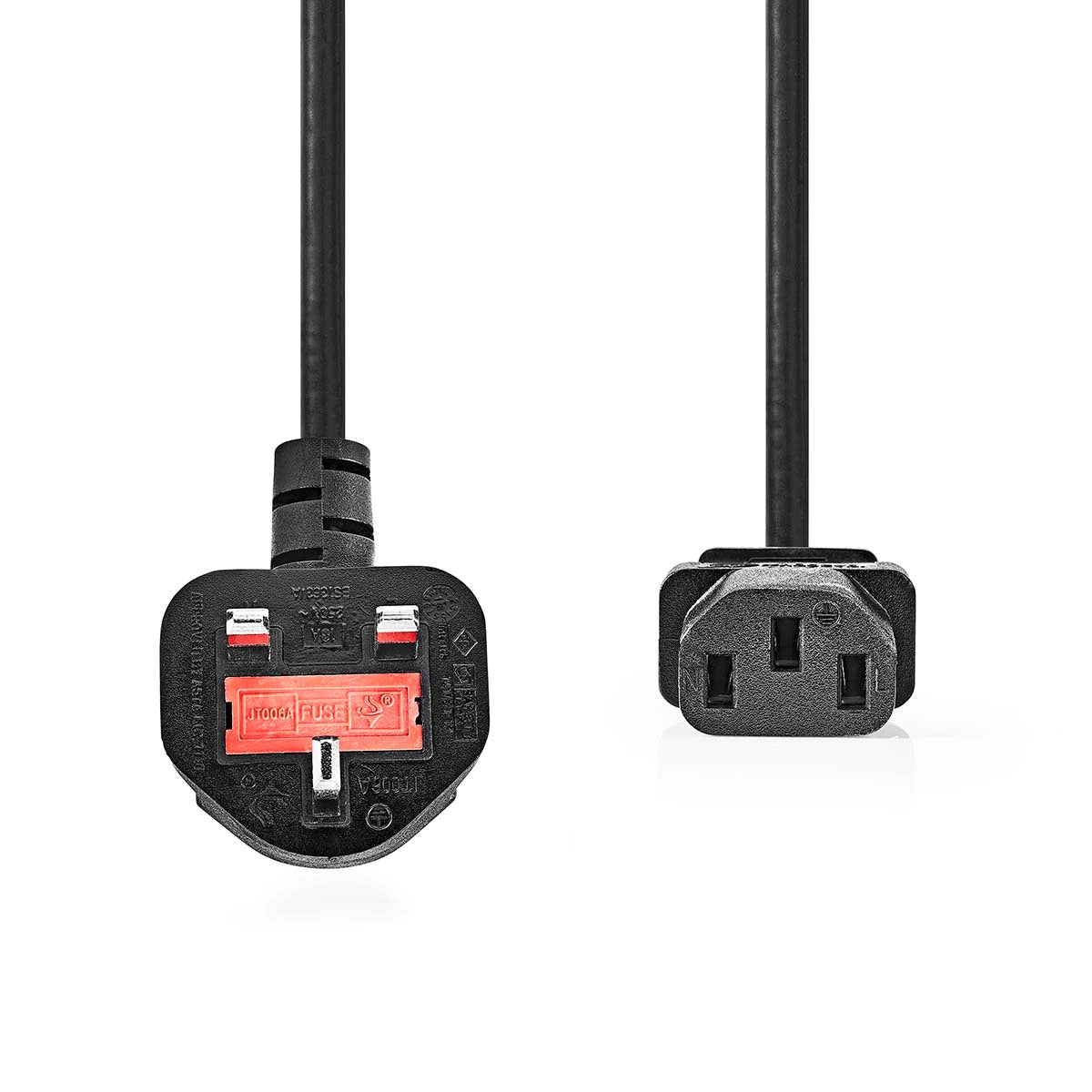 Power Cable | UK Male | IEC-320-C13 | Angled | Straight | Nickel Plated | 3.00 m | Round | PVC | Black | Label