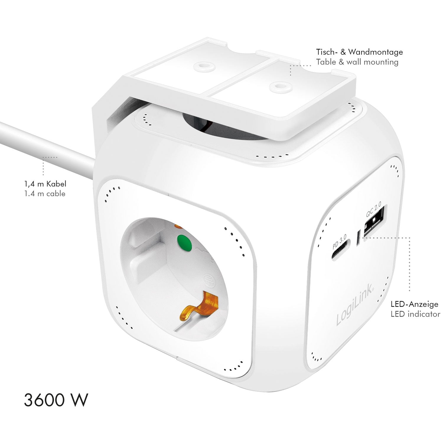 Power Cube Multi-branch socket + USB-A/USB-C PD 20W