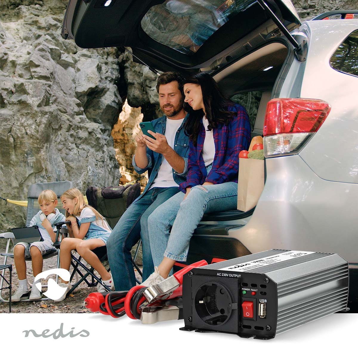 Power Inverter Modified Sine Wave | Input voltage: 12 V DC | Device power output connection(s): Type F (CEE 7/3) / USB-A | 230 V AC 50 Hz | 300 W | Peak power output: 600 W | Battery Clamps + Cigarette Lighter | Silver
