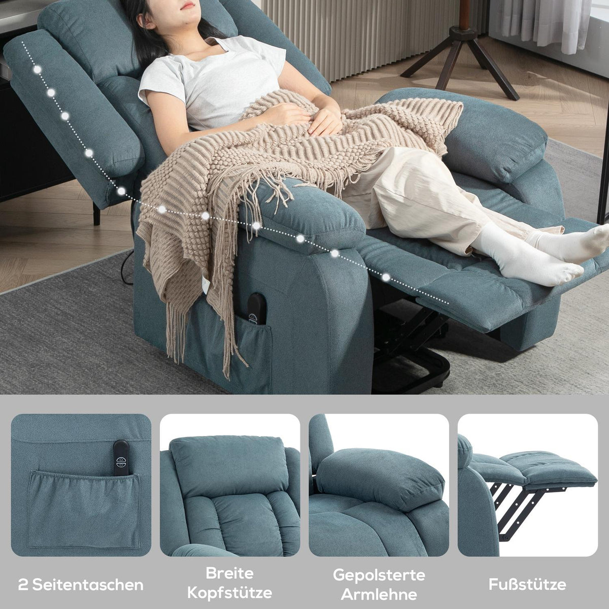 Power Recliner Chair with Remote, Velvet, Blue