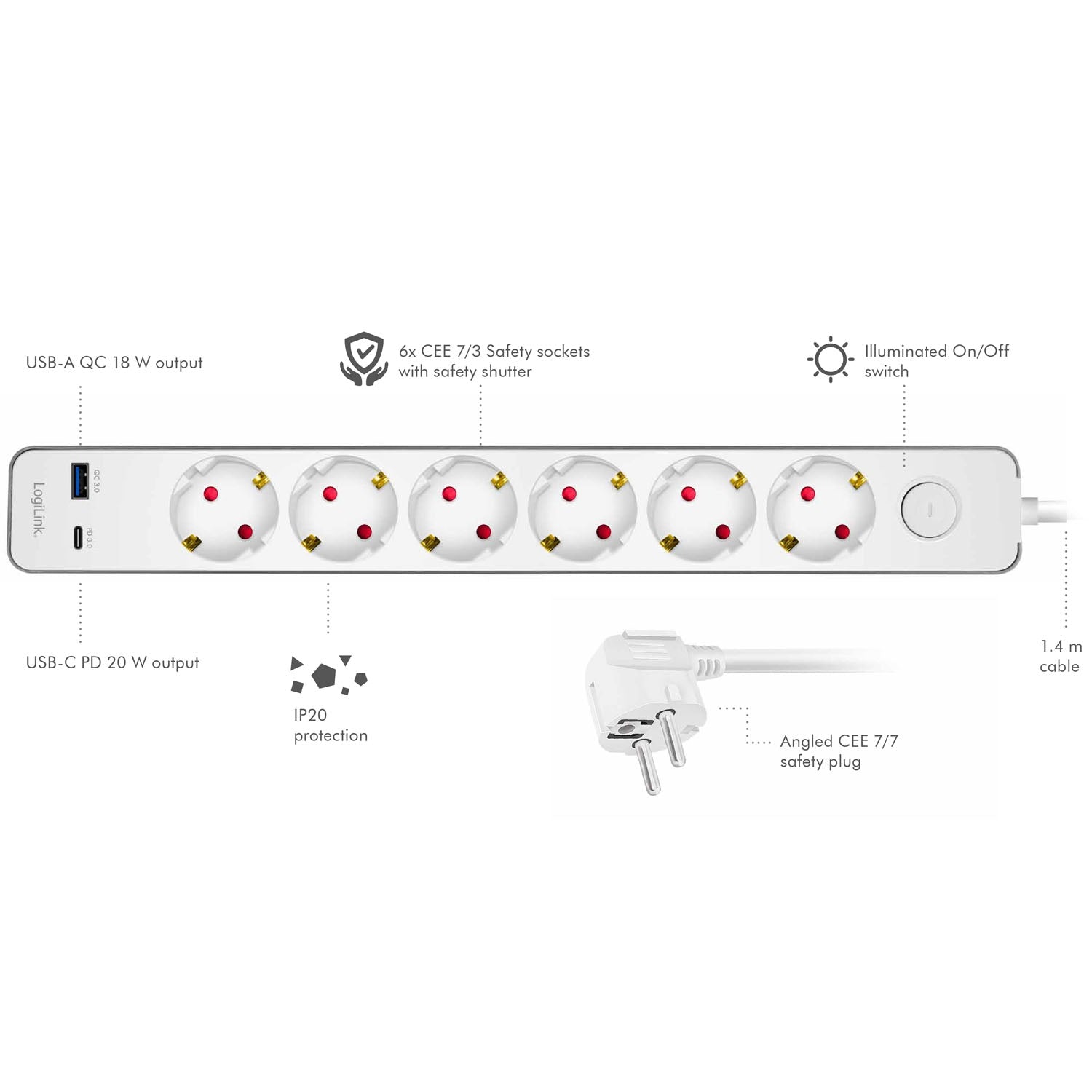 Power Strip 6-Way + USB-A/USB-C PD 20W, Switch, 1.4m, White