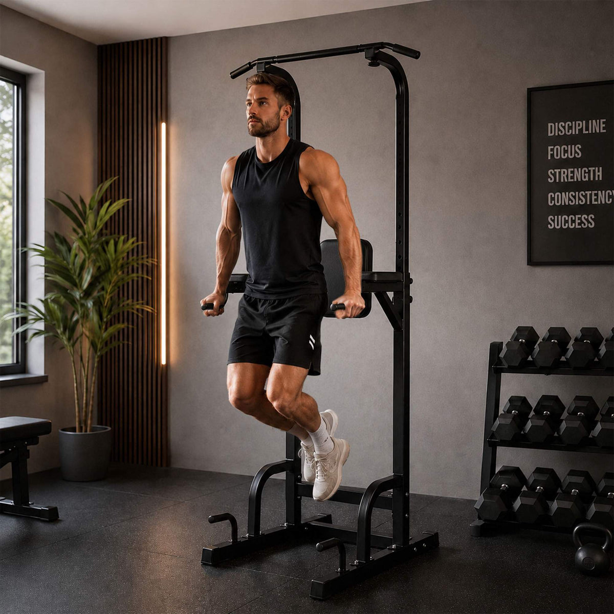 Power Tower for Home Gym, Adjustable Height, Black Steel